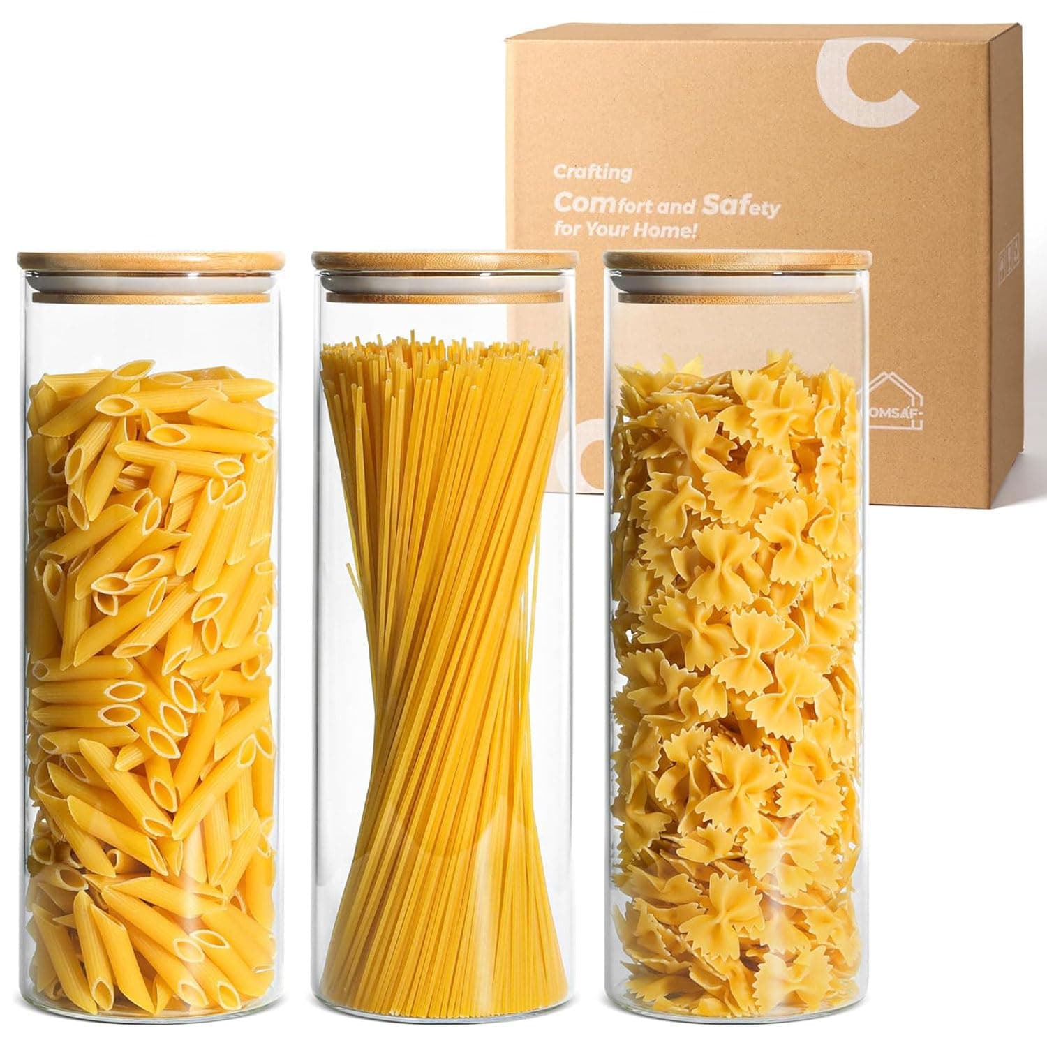 ComSaf Glass Spaghetti Pasta Storage Container with Lids 2 Qt Set of 3, Tall Clear Airtight Food Storage Jar with Wood Cover Kitchen Pantry Storage Container for Noodles Flour Cereal Coffee Beans