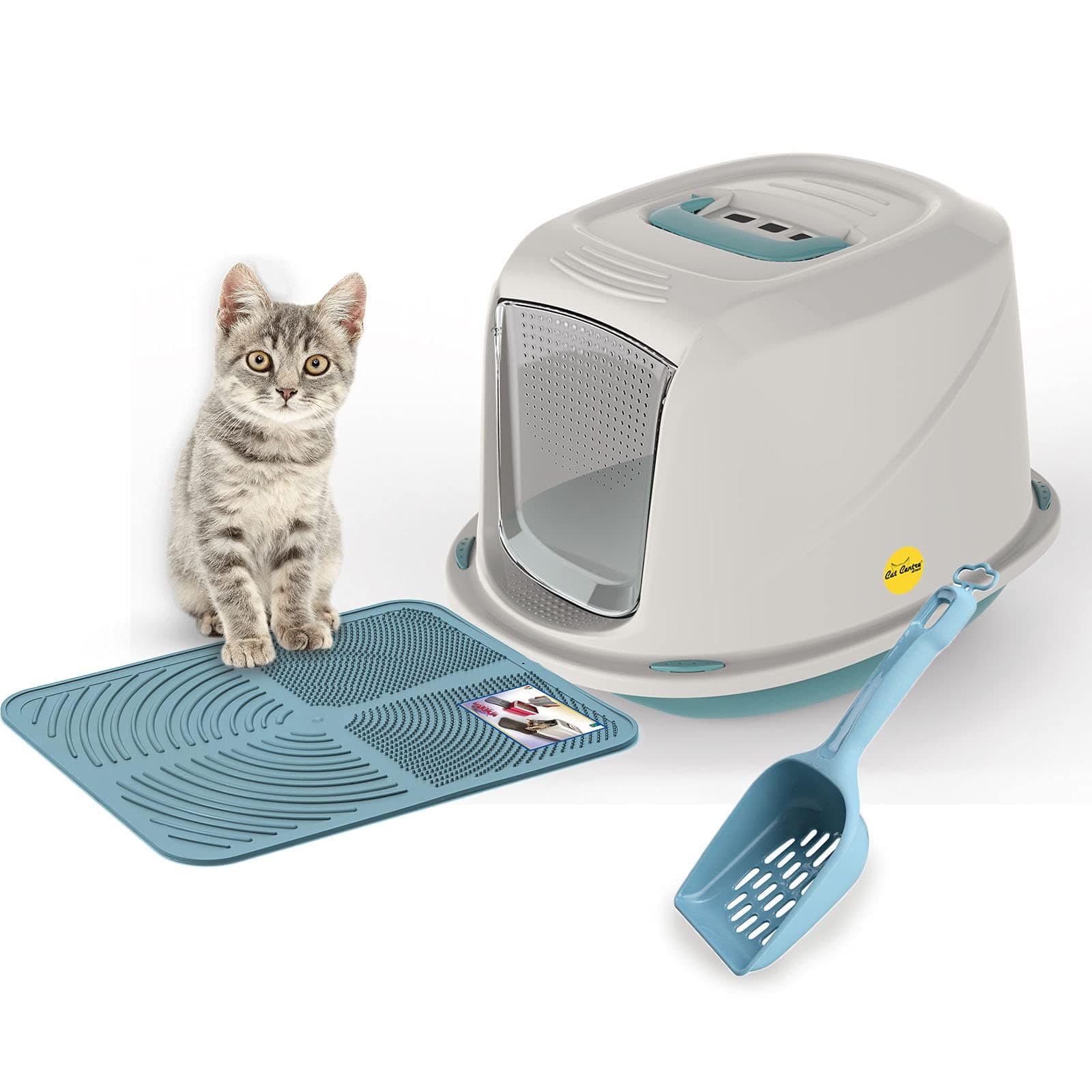 Medium Blue Hooded Kitten Litter Tray +Waste Scoop +Tray Mat Set Carbon Filter Small Cat Toilet Pet Box Loo Pan Starter Pack Portable Swing Flap Door Carry Handle Galaxy Easy Cleaning