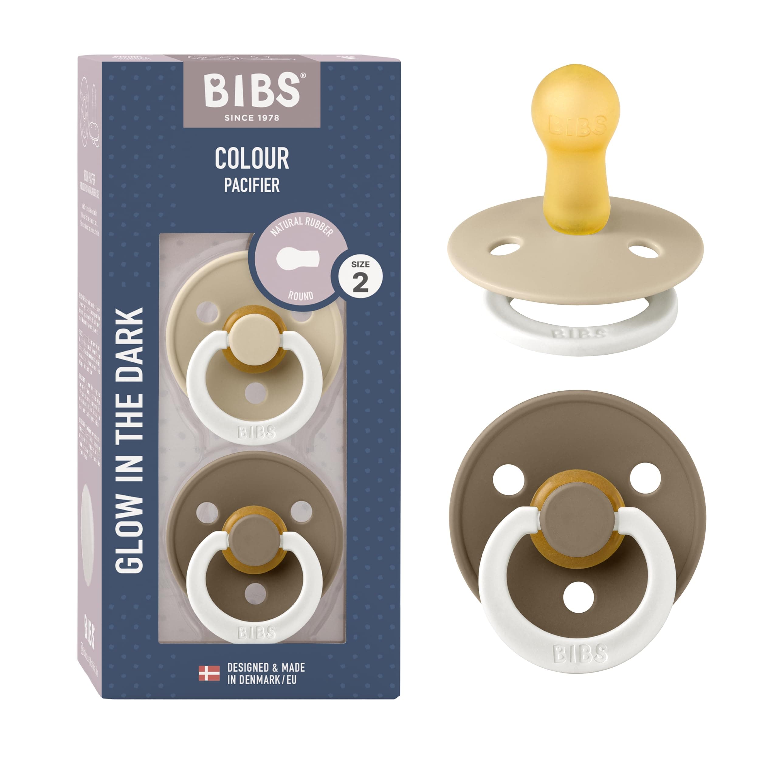 BIBS Colour Glow Soother 2-Pack, Glow in The Dark BPA Free Dummy Pacifier, Round Natural Rubber Latex, Size 2 (6-18 Months), Vanilla Night/Dark Oak Night