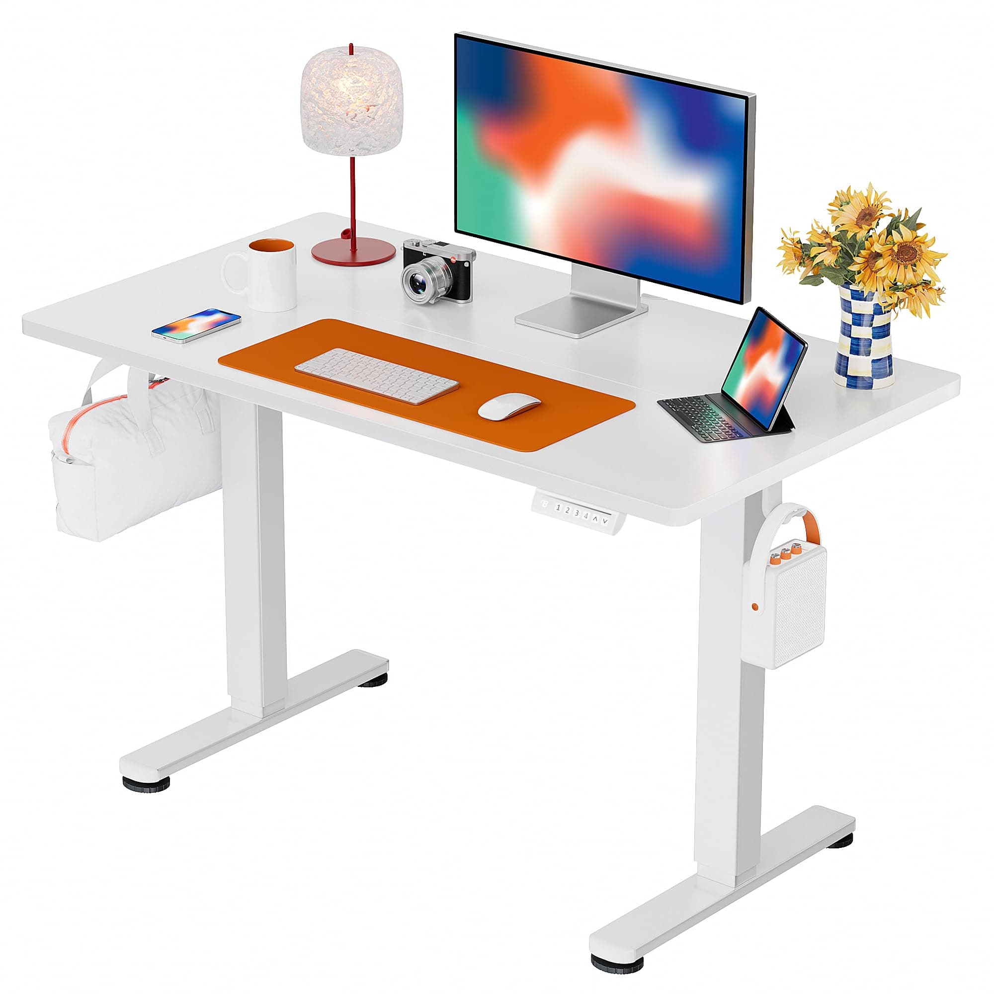 ErGear Small Height Adjustable Electric Standing Desk, 40 x 24 Inches Sit Stand up Desk, Memory Computer Home Office Desk with Two-Piece Desktop (White)