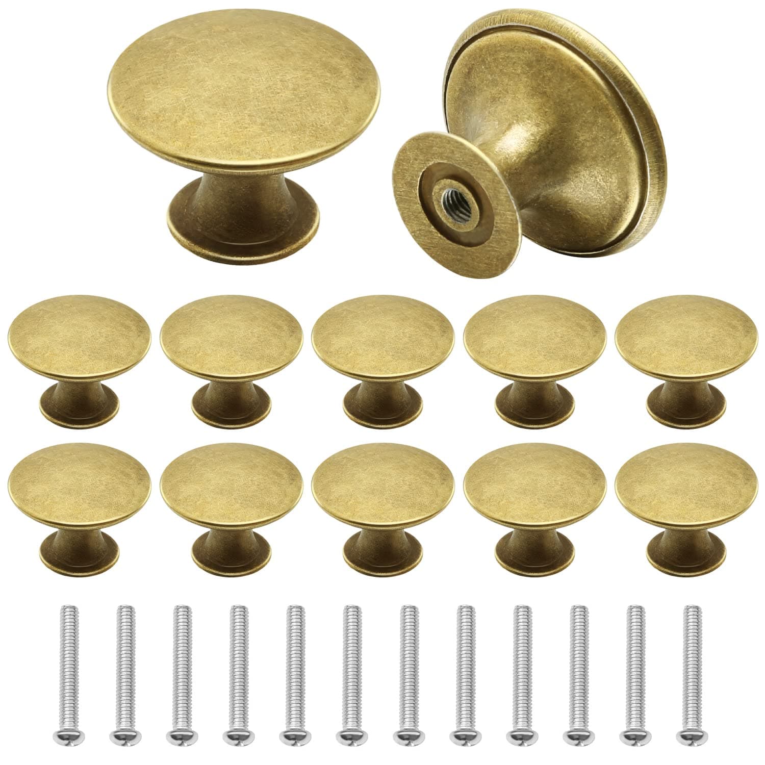 12 Pcs Cabinet Door Knobs, Gold Drawer Knob, Antique Brass Door Knobs with Matching Screws for Cupboard, Cabinet, Drawer