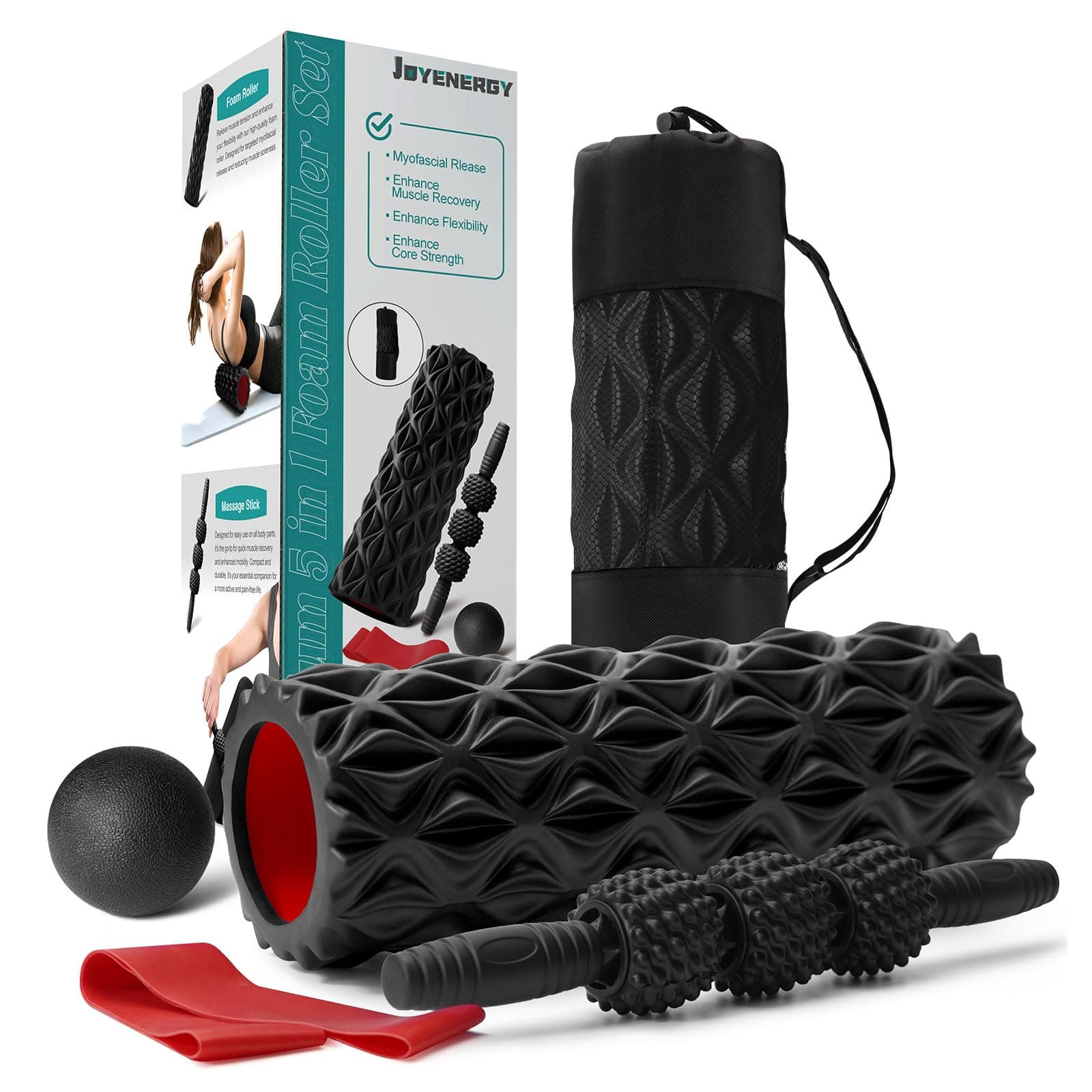 Joyenergy 5-in-1 Foam Roller Set for Deep Tissue Massage, Muscle Pain Relief, Improved Mobility, High-Density Back Roller for Whole Body Relieves Muscle Pain Muscle Massage (Black)