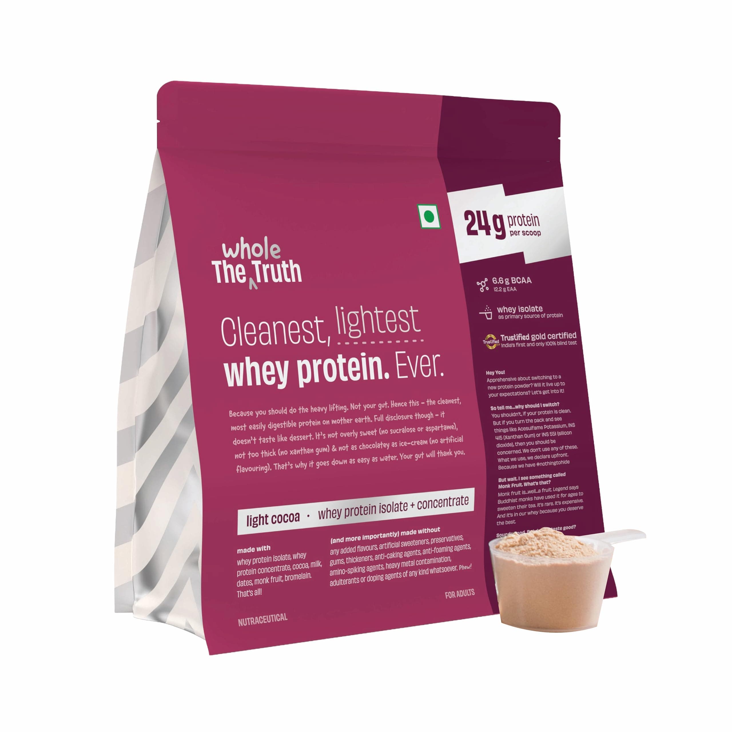 The Whole Truth Whey Protein Isolate+Concentrate | Light Cocoa 1 kg (2.2 lbs) | 24g Protein/Scoop | 6.6g BCAA | 100% Authentic Whey & No Adulteration | Clean, Light & Easy to Digest | Vegetarian