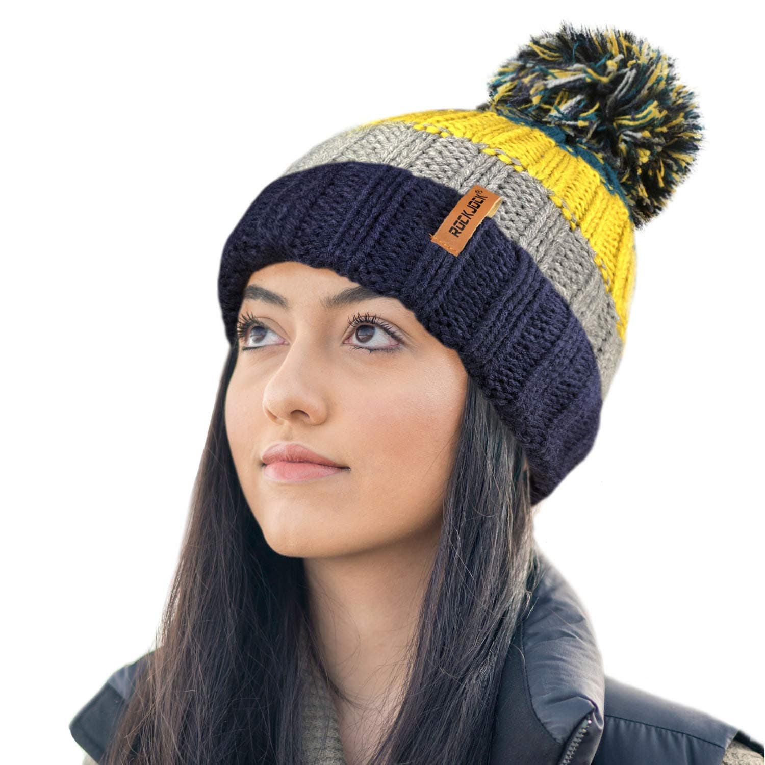 RockJockR80 Unisex Mens Ladies Thermal Insulating Striped Beanie Bobble Hat with Cosy Fleece Lining