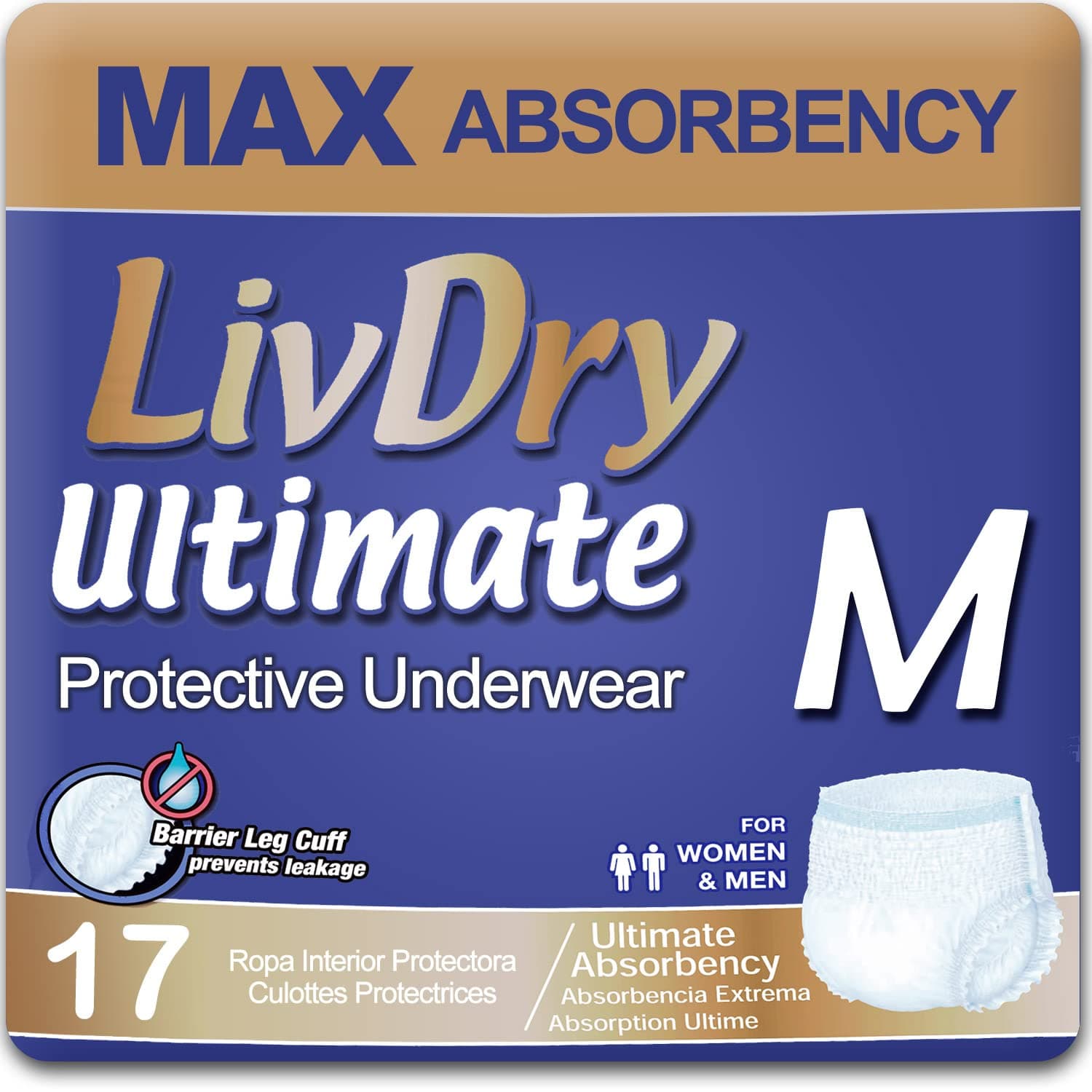Ultimate Adult Incontinence Underwear, Max Absorbent Adult Diapers with Leak Protection, Medium, 17-Pack