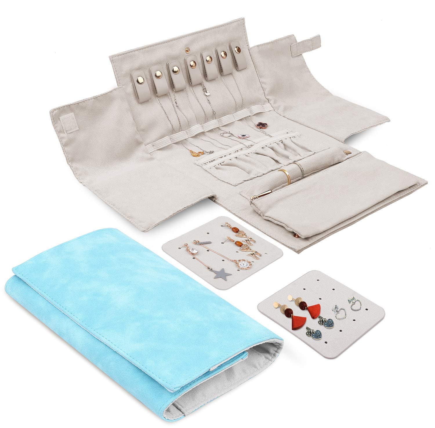 Compact Travel Jewelry Case Bag Organizer for Vacation, Portable Foldable Smart Jewelry Organizer Roll Holder for Journey-Rings, Necklaces, Bracelets, Earrings, Blue