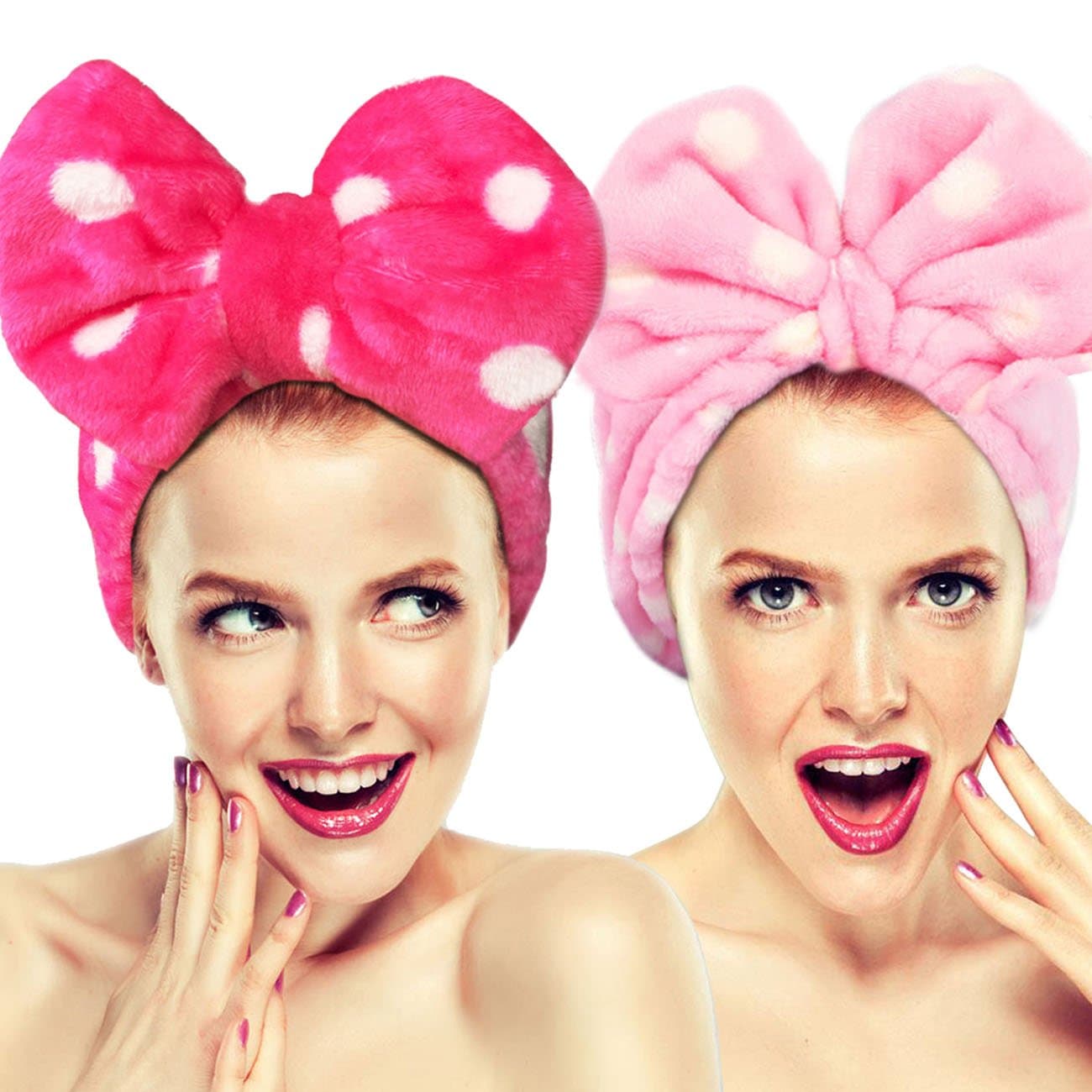 2 Pack Hairizone Cute Stretchy Bow Knot Wash Face Headbands, Lovely Towel hair band for Make-up, Shower, Spa, Massage and Sporting (Pink/Roseo)