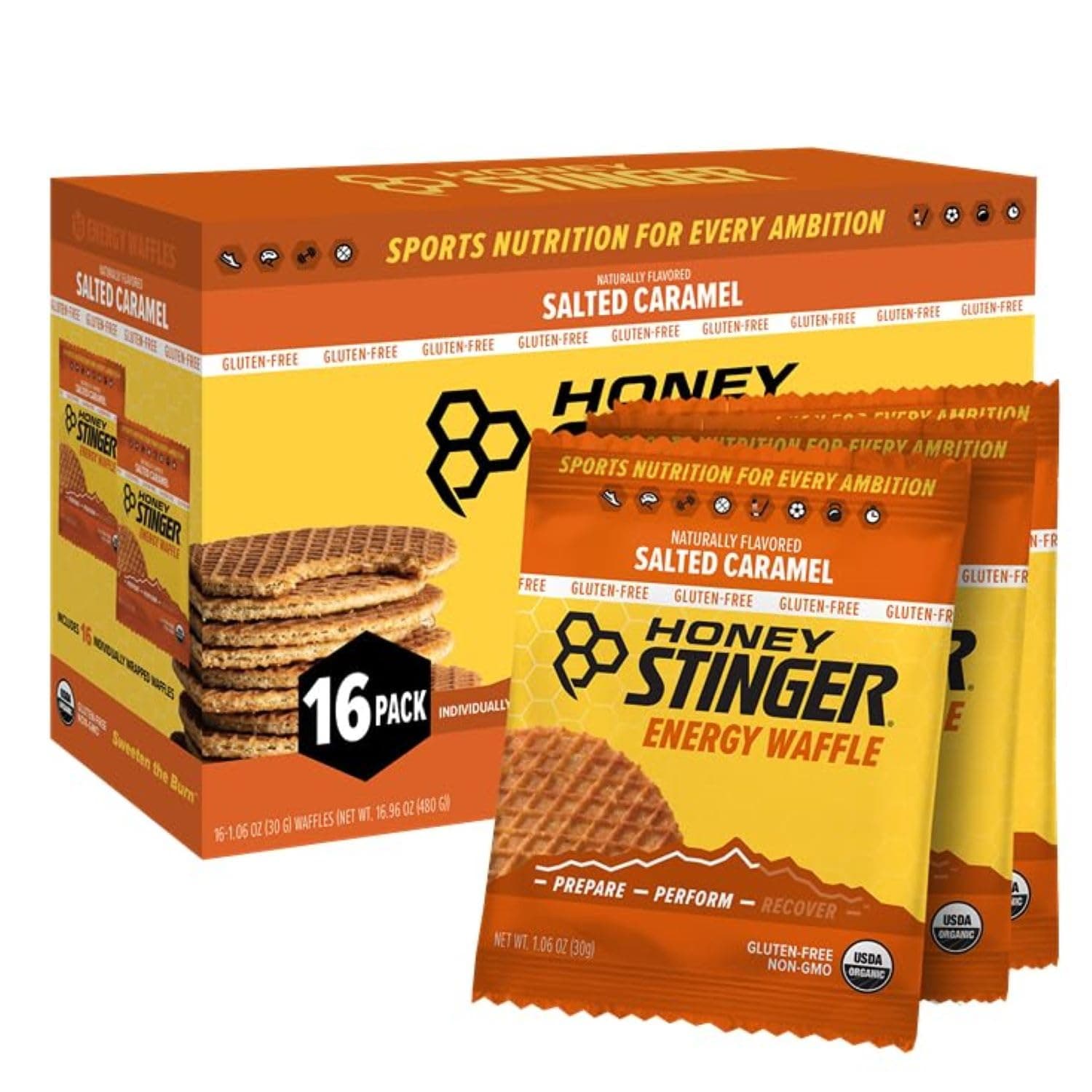 Honey Stinger Organic Gluten Free Salted Caramel Waffle, Energy Stroopwafel for Exercise, Endurance and Performance, Sports Nutrition for Home & Gym, Pre & Post Workout Box of 16 Waffles, 16.96 Oz