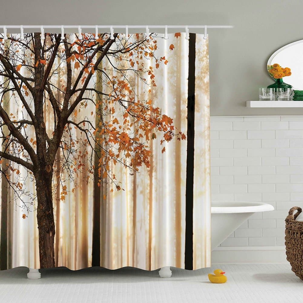 Bathroom Shower Curtain 3D Rainforest Tropical View Decor Happy Panorama Dream Maple Woods Falling Fall Park Road Autumn Leaves Polyester Fabric Bathroom Shower Curtain Set with Hooks
