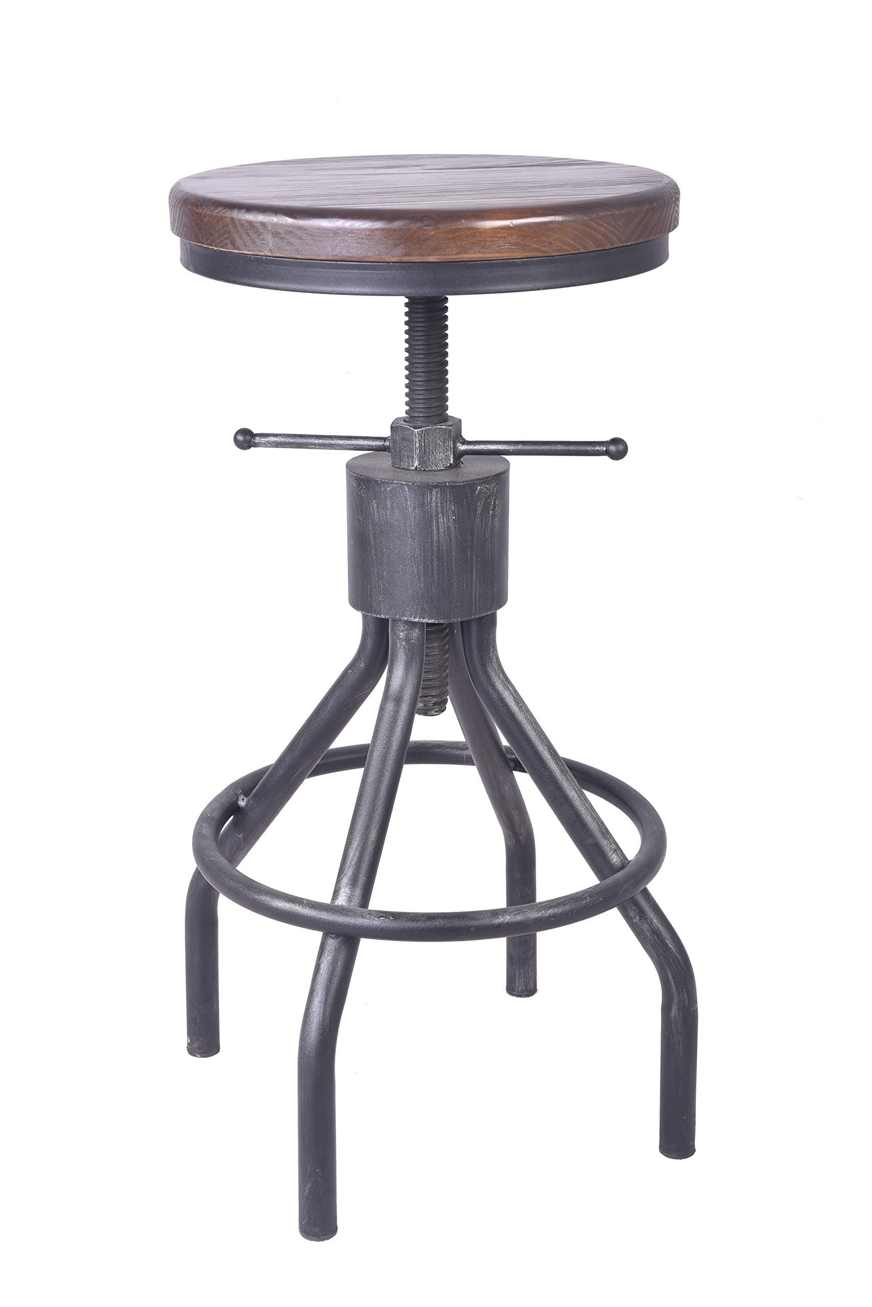 LOKKHAN Adjustable Round Wood Metal Pipe Stool-Vintage Industrial Swivel Bar Stool-Cast Iron Farmhouse Pub Height Stool-23.4-33 inch (Brown#04)