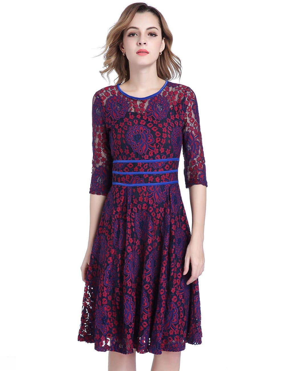 Women's Vintage Flower Lace 3/4 Sleeve Cocktail Evening Party Swing Midi Dress(L)