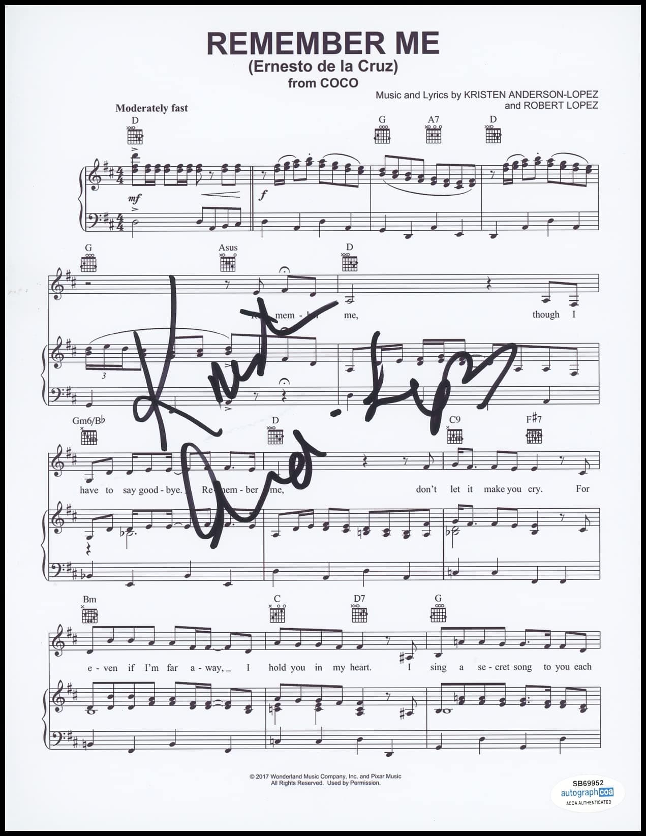 Kristen Anderson-Lopez "Coco" AUTOGRAPH Signed 'Remember Me' Sheet Music ACOA