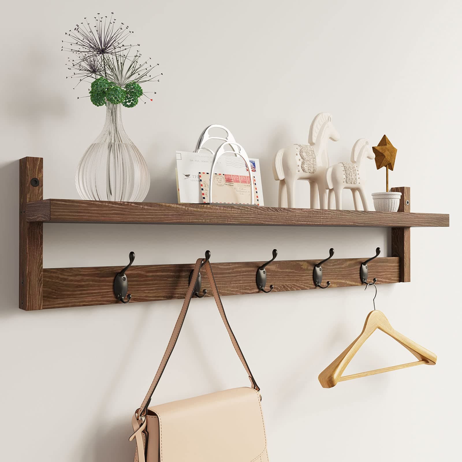 28.9 Inch Length Shelf with Hooks Entryway Coat Rack Wall Mount Wood Coat Hooks with Shelf Wall-Mounted Coat Hook Rack with 5 Dual Hooks for Bathroom, Living Room, Bedroom (Brown)