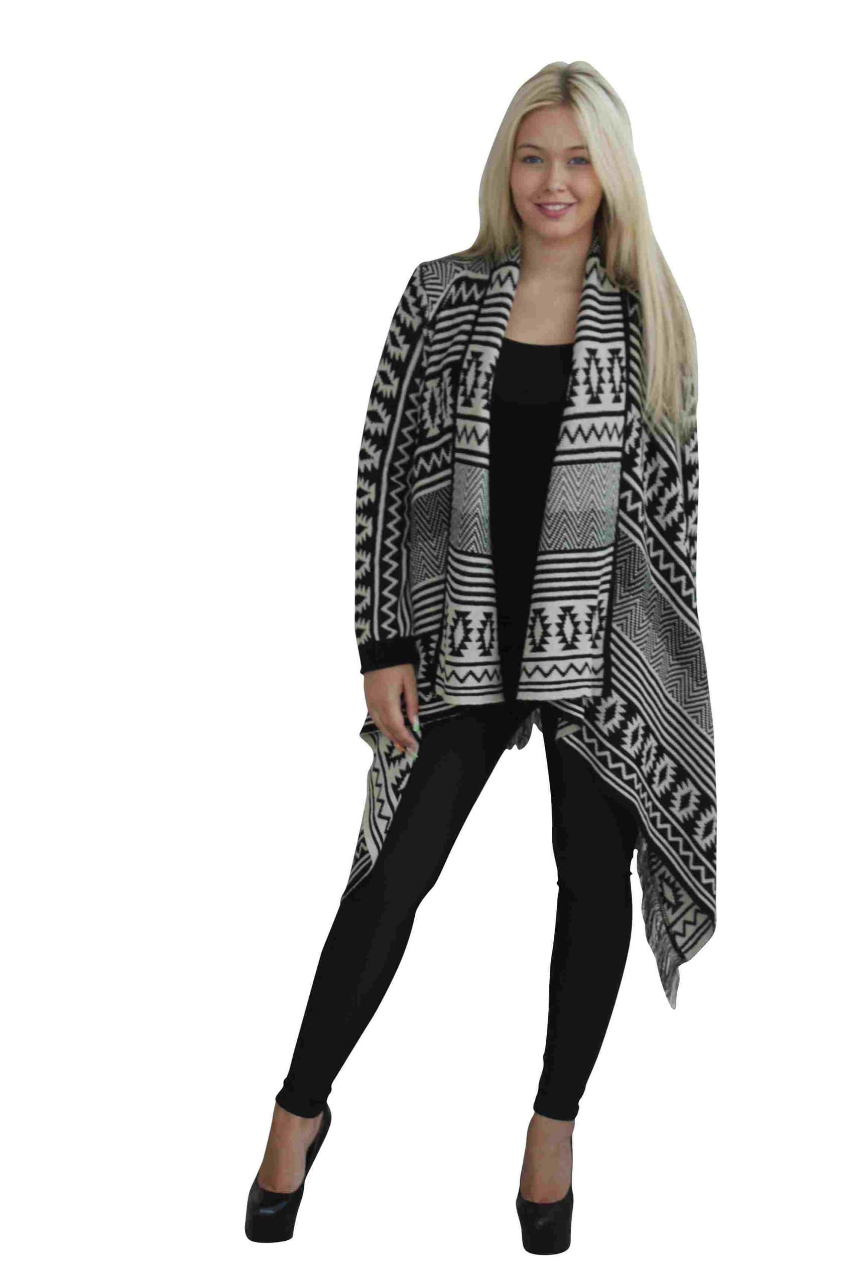 Tribal Print Watrefall Tassle Long Cardigan Black