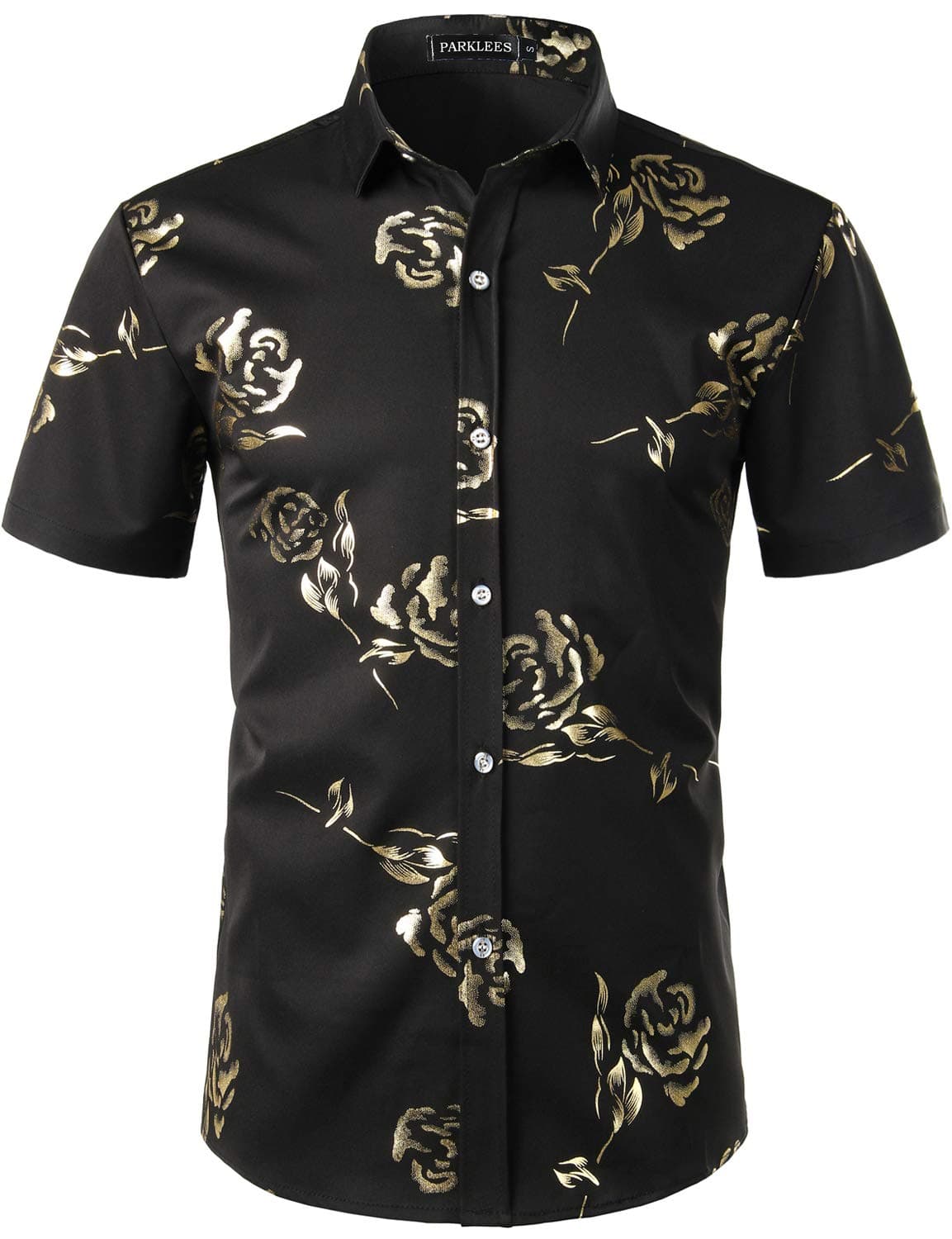 Mens Hipster Gold Rose Printed Slim Fit Short Sleeve Button Down Dress Shirts