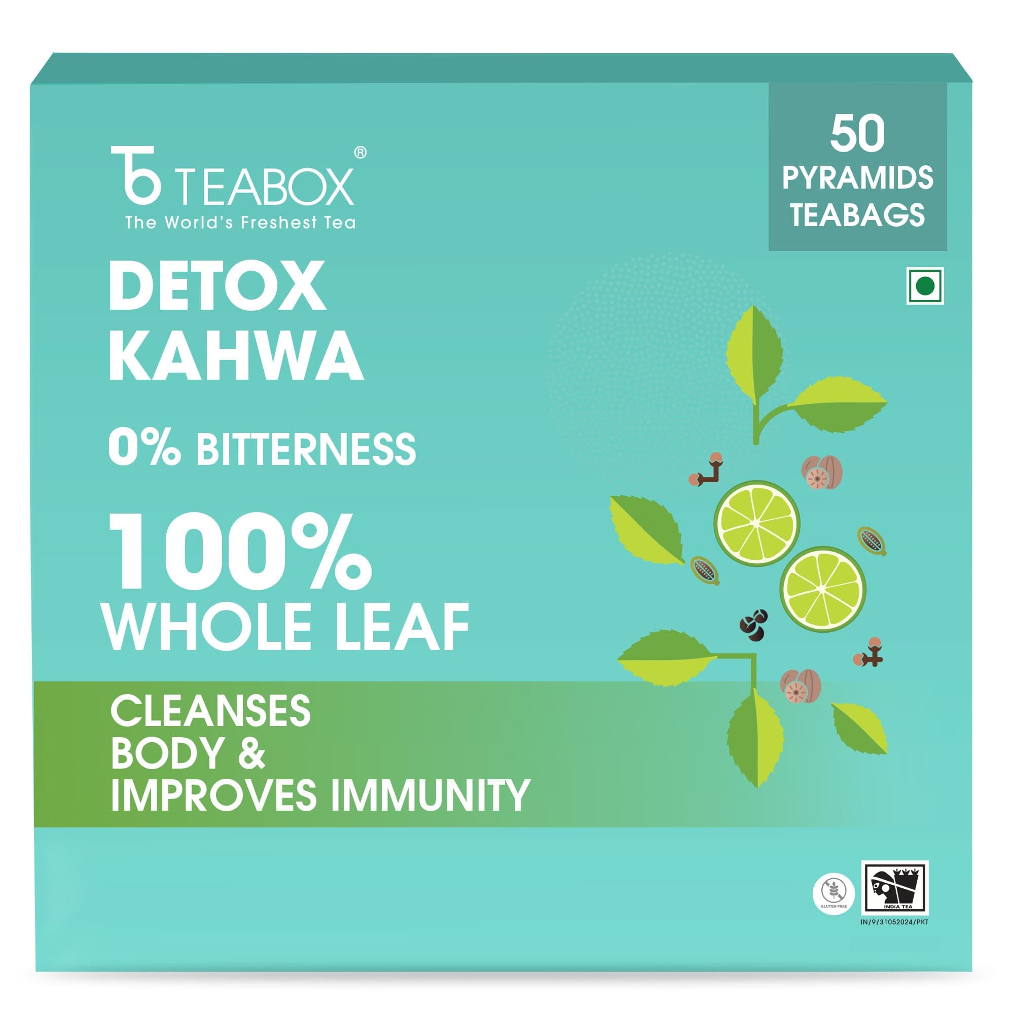 Detox Kahwa Herbal Tea | 50 Biodegradable Teabags | 8 Natural Ingredients | Supports Body Detox & Healthy Digestion | 0% Bitterness | Caffeine-Free Wellness Brew