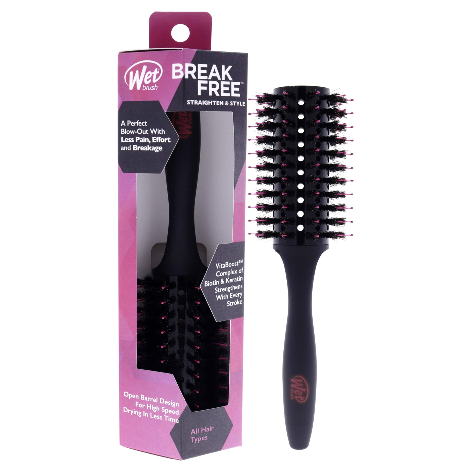 Straighten & Style Round Brush - for All Hair Types - A Perfect Blow Out with Less Pain, Effort and Breakage - Open Barrel Design For High Speed Drying In Less Time