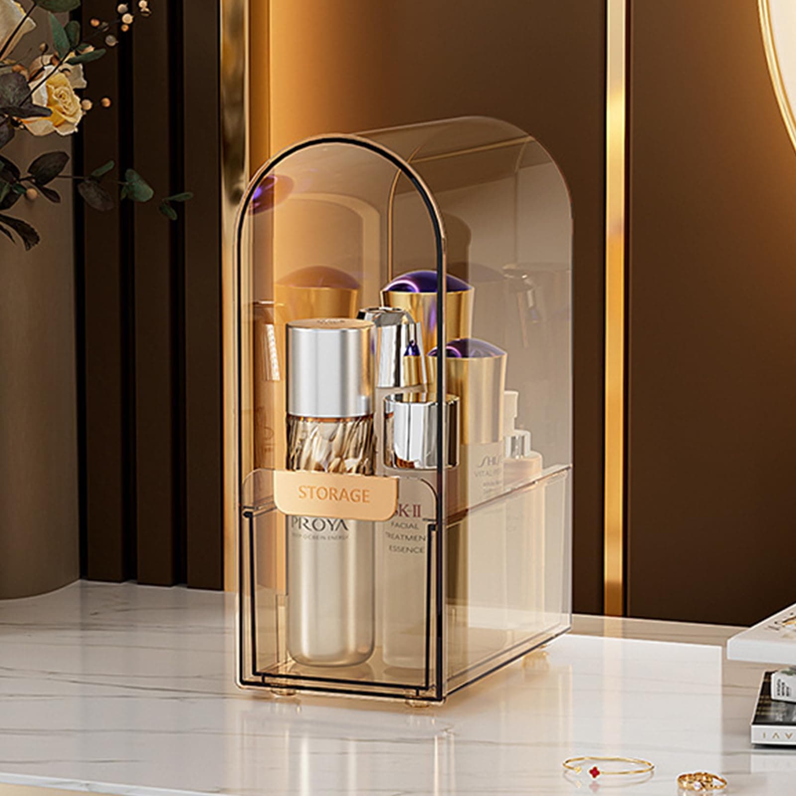 Makeup Organizer for Vanity, Clear Cosmetics Organizer for SkinCare, Jewelry & Lipstick & Makeup Brushes & Mask Storage Organizer with Drawers for Dresser, Bedroom, Bathroom (tall bottle box)