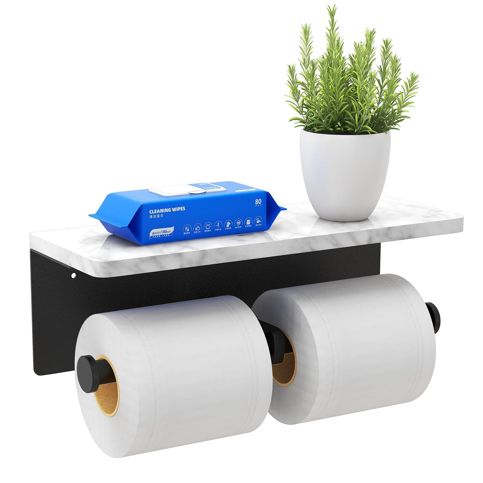 Marble Double Toilet Paper Holder with Shelf, Paper Towel Holder Wall Mount, Matte Black Toilet Paper Holder, Tissue Holder for Bathroom