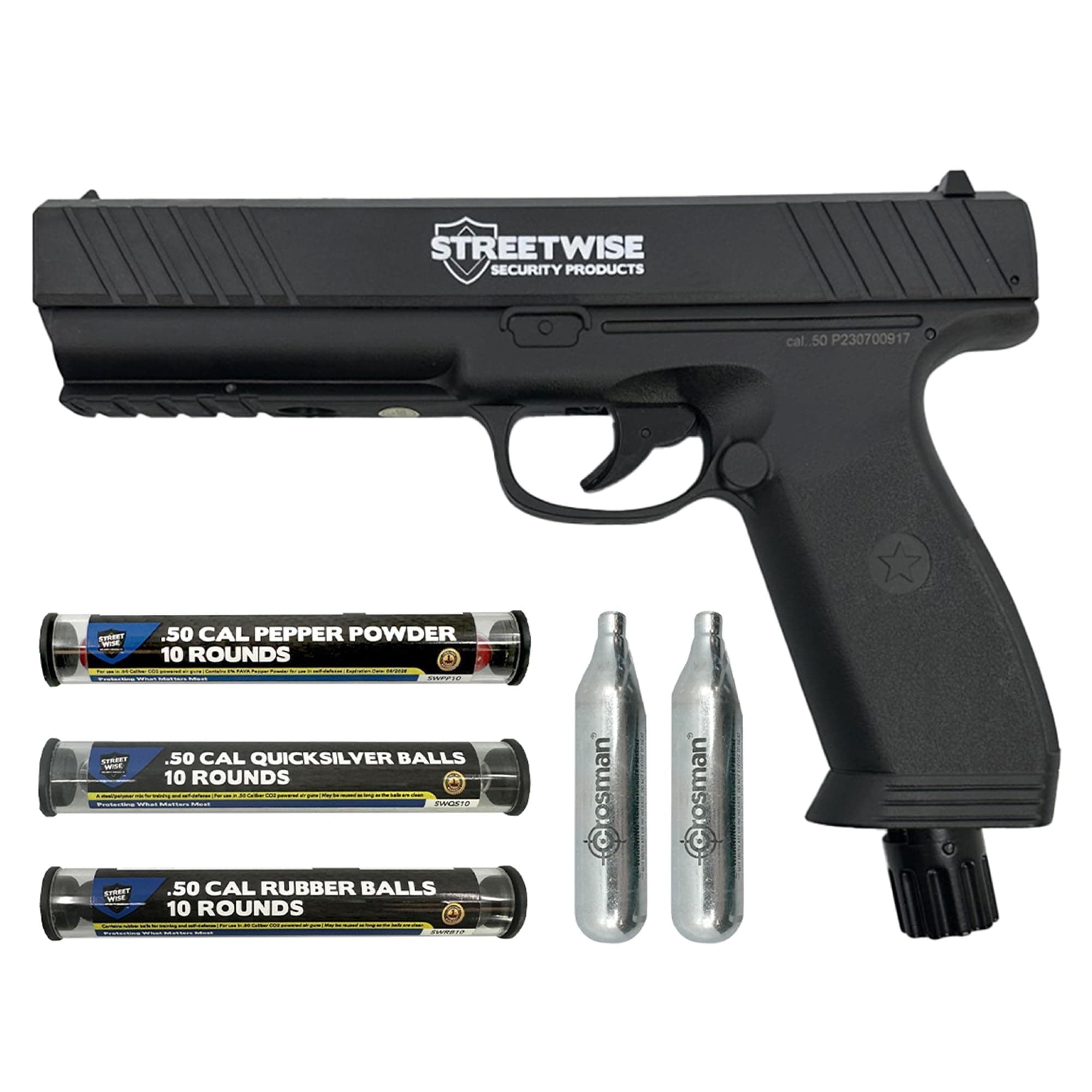 Streetwise Heat .50 Caliber Defense Launcher, Kinetic Impact Ball Gun - Self Defense Pistol Includes 10 Rubber Balls, 10 Defense Rounds, 10 Quicksilver Metal Composite Rounds, & 2 CO2 Canisters