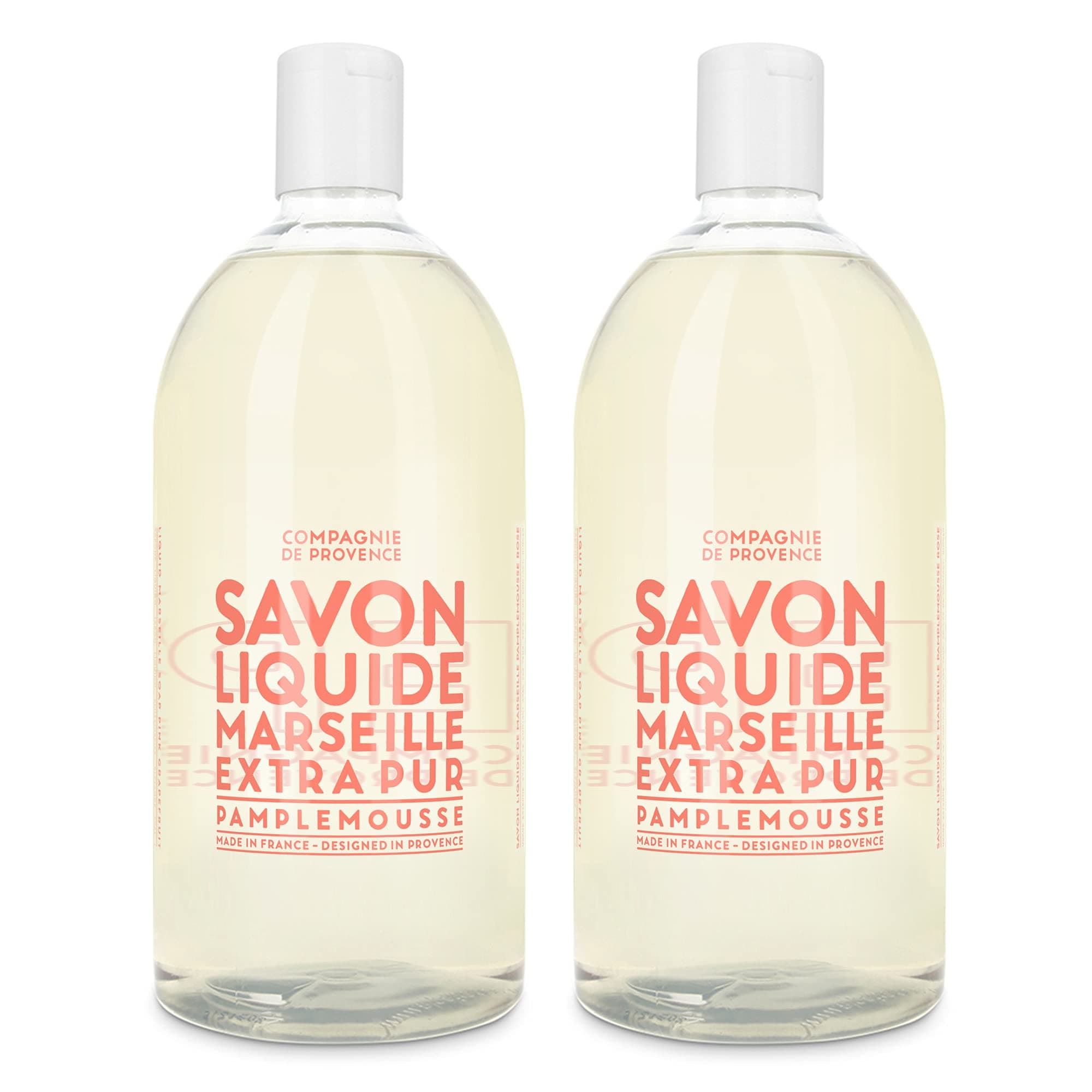 Compagnie de Provence Savon de Marseille Extra Pure Liquid Soap, Pink Grapefruit, Two 33.8 fl oz Plastic Bottle Refills