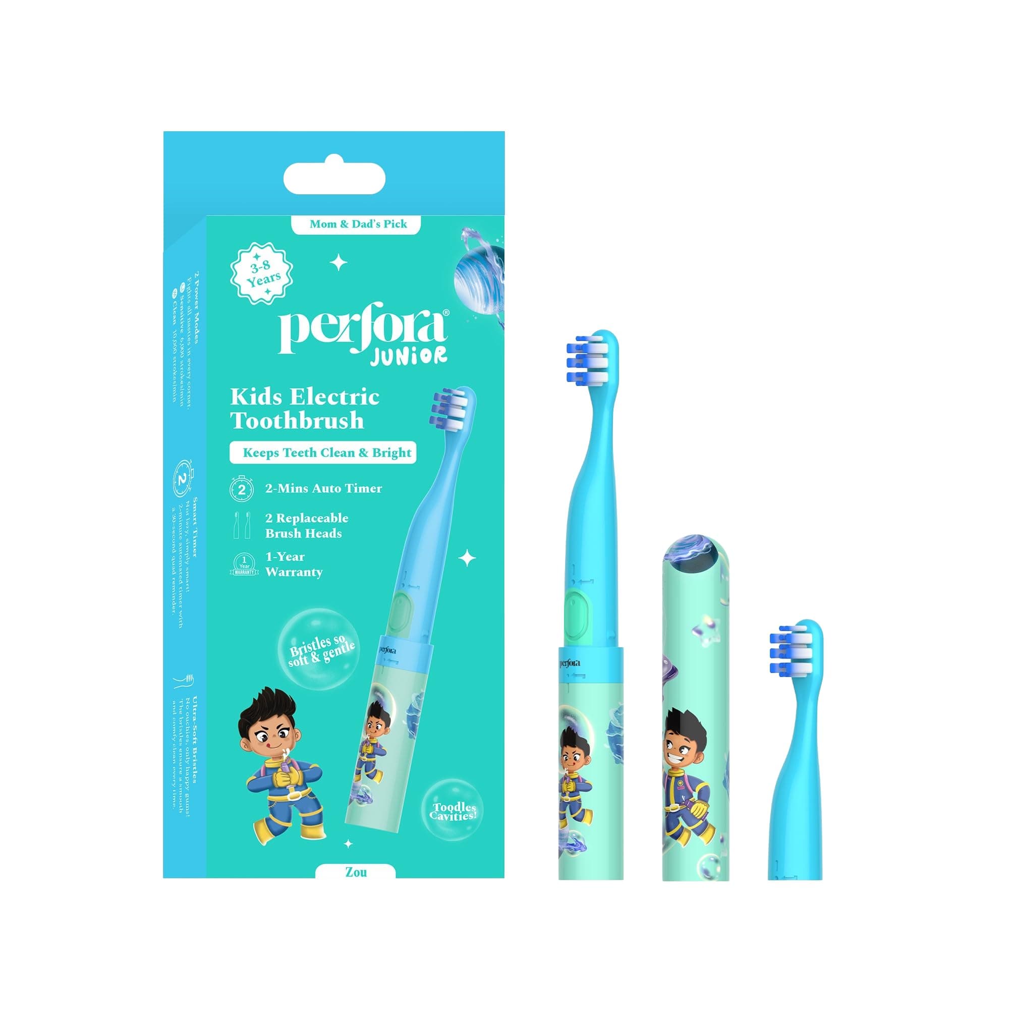 Perfora Electric Toothbrush For Kids | AAA Battery Powered, 90 Day Battery Life | 2 Brushing mode | With 2 Brush Head & Travel Cover | 1 Year Warranty | Age 3-8 | Electric Brush For Kids Oral Care- Zi