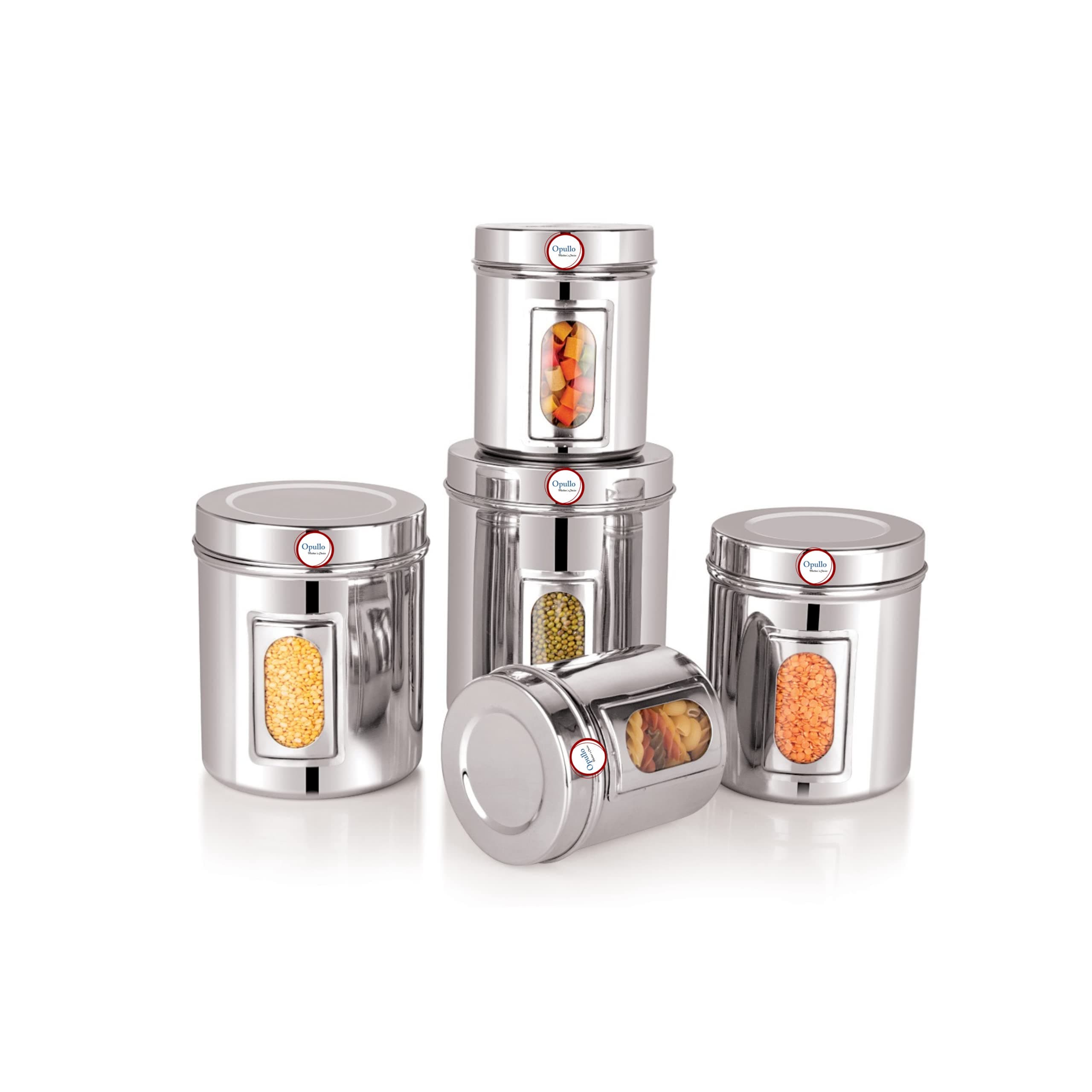 Opullo Mothers Choice Stainless Steel See Through Containers | Stainless Steel Storage Containers for Kitchen | Kitchen Containers Set Steel | Container Steel | 750 Gms to 2 Kgs | Pack of 5
