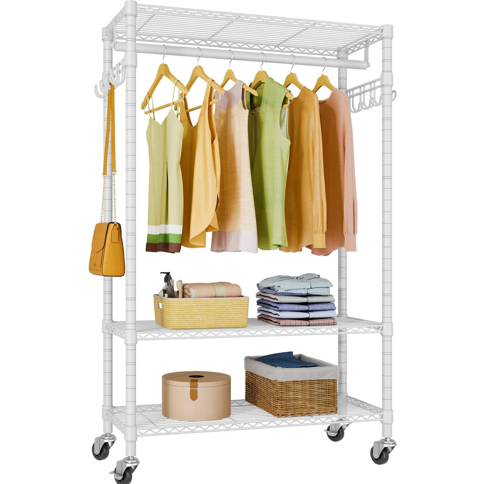 VIPEK R1 Plus Rolling Clothing Rack Heavy Duty Garment Rack for Hanging Clothes, Portable Closet Wardrobe with Wheels and Side Hooks, Adjustable Freestanding Metal Clothes Rack with Shelves, White
