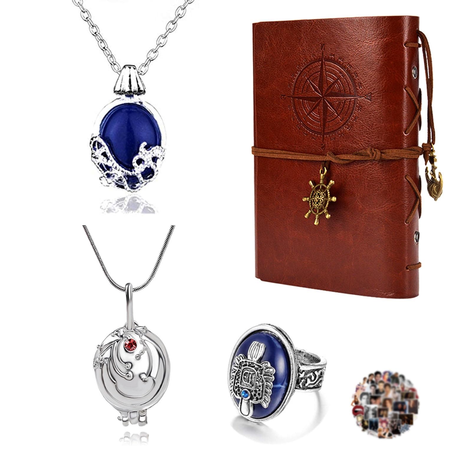 YouU 24 pcs The Vampire Diar.s Jewelry Set Vintage Leather Writing Journal Notebook Daywalking Katherine Sapphire Crystal Pendant Necklaces Damon's Ring Movie Stickers
