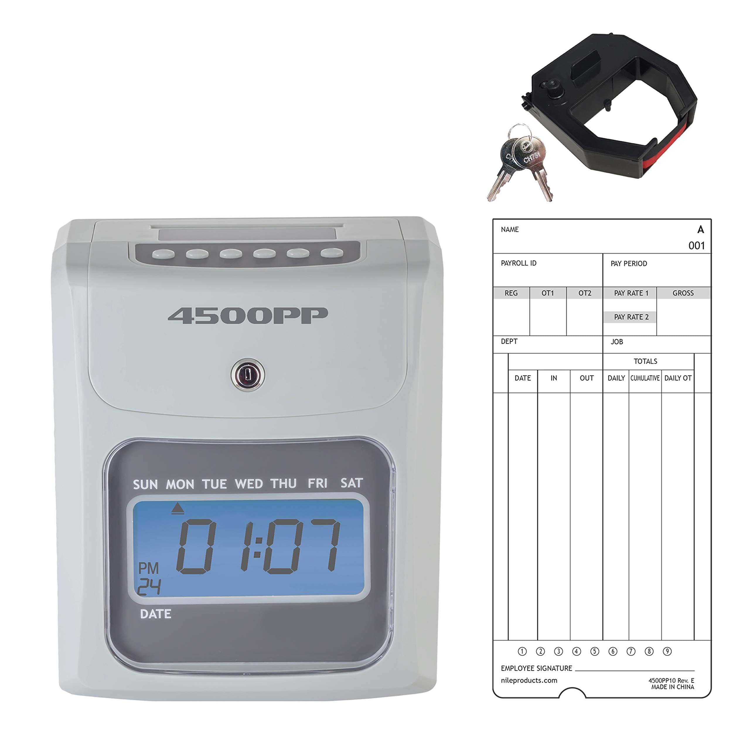 - Nile Products - 4500PP Electronic Calculating Time Clock, Employees in/Out Time Tracker, Small Business Punch Pack Bundle Includes: 25 Time Cards,1 Ink Ribbon and 2 Security Keys