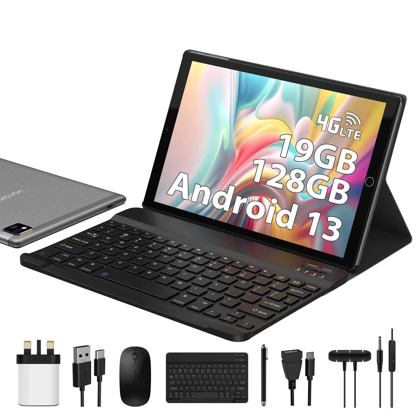 YOTOPT U10 Tablet 10 Inch 4G lte and WiFi, Android 12.0 Octa-Core Tablet, 11GB RAM, 64GB ROM(1 TB Expandable), FHD smart screen, 5MP+8MP, With Keyboard and Mouse etc, GPS/Bluetooth/Face ID-GY, Gray