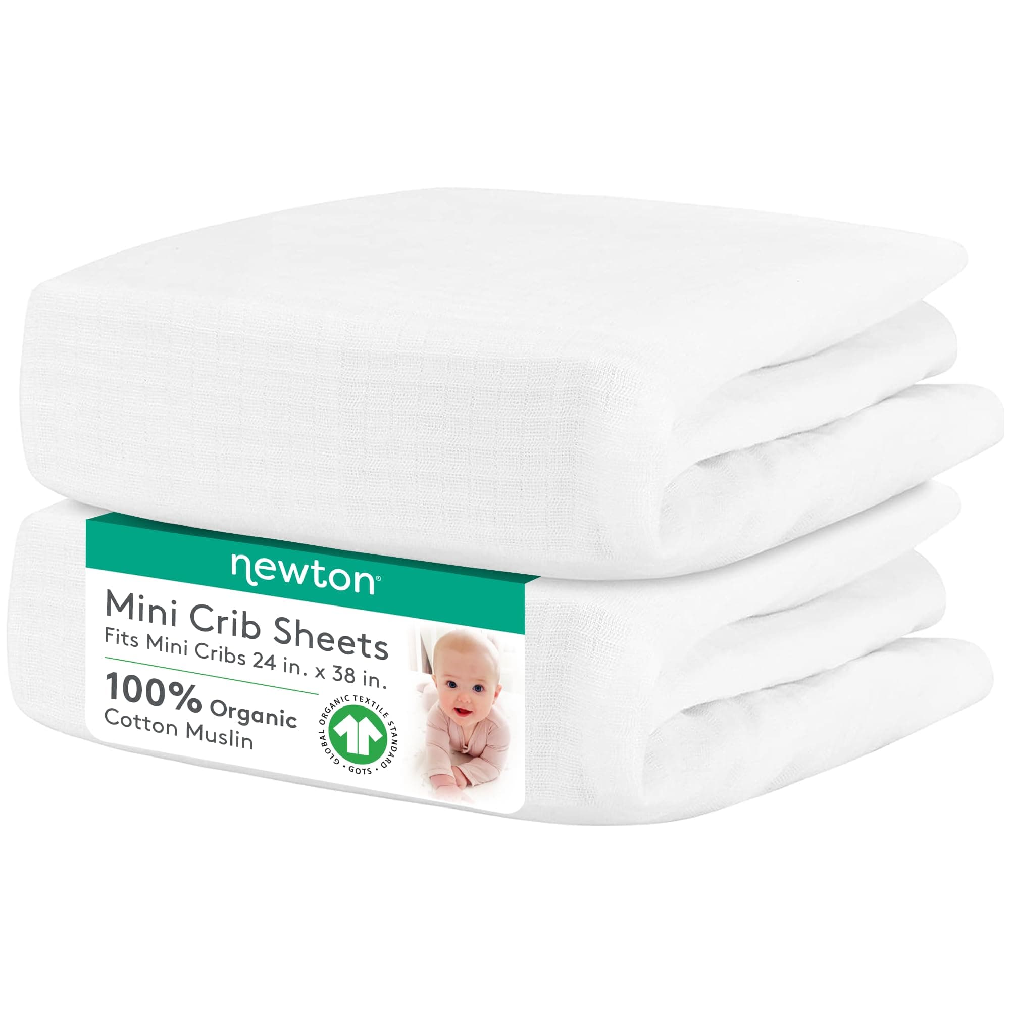 Mini Crib Fitted Sheets (2-Pack) | Organic Muslin Cotton, 100% Breathable & Soft Baby Sheets, Machine Washable Baby Mattress Sheets, Fits Any Mini Sized Crib 24" x 38", White