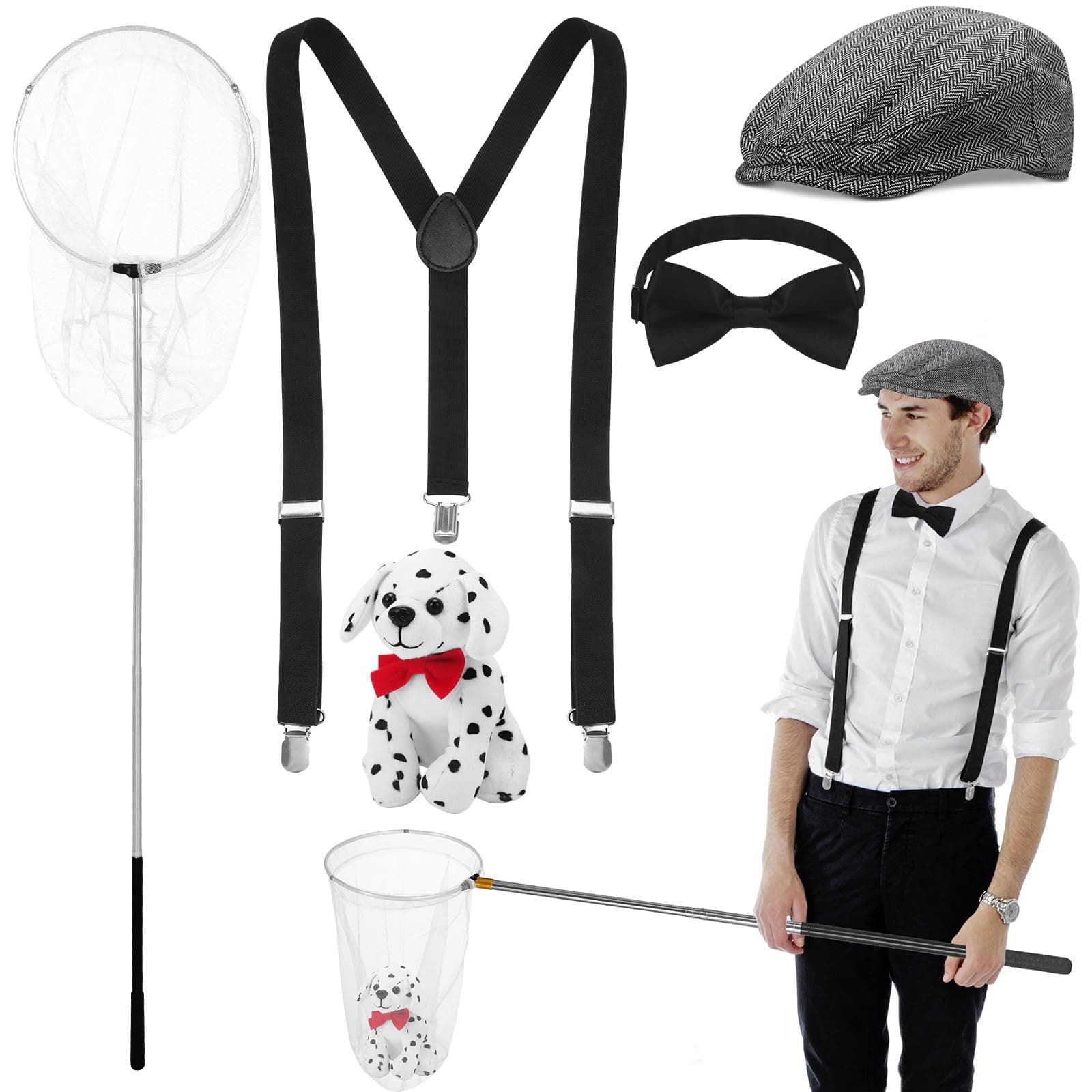 Mepase 5 Pcs Halloween Dog Control Officer Costume Kit Dalmatian Dog Costume for Men Adult Couple Halloween Cosplay Party