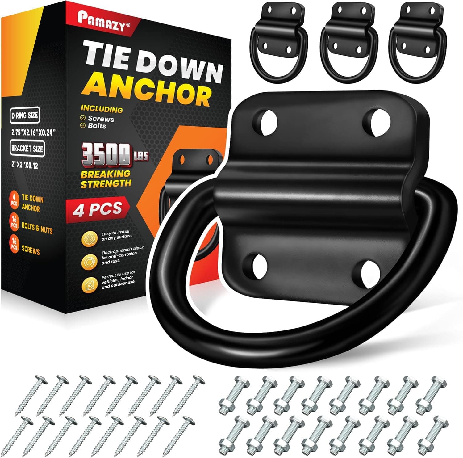 4PCS Heavy Duty Steel D Rings Tie Down Anchors, Ultra Durable 3500 Pound Breaking Strength Surface Mount Hooks Securing Cargo for Trailer, Truck Bed, with Screws & Bolts