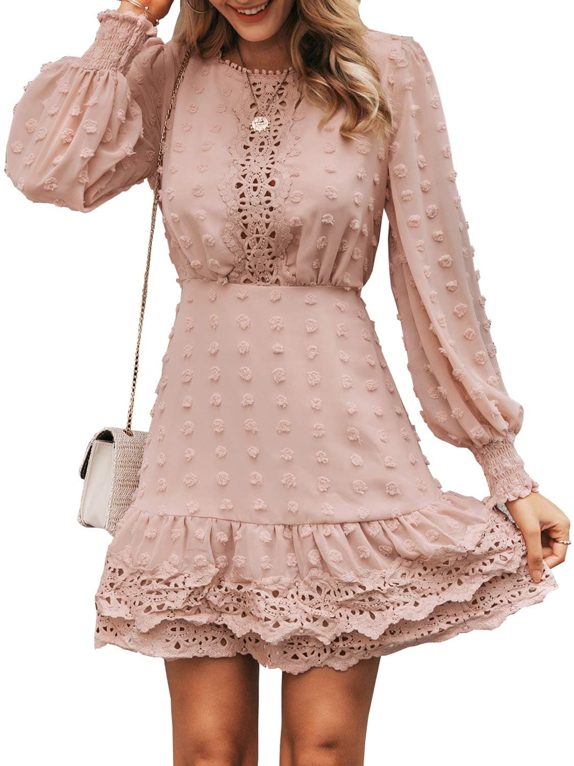 MsLure Women's Elegant Lace Chiffon Mini Dress Lantern Sleeve Ruffle Hem Party Dress