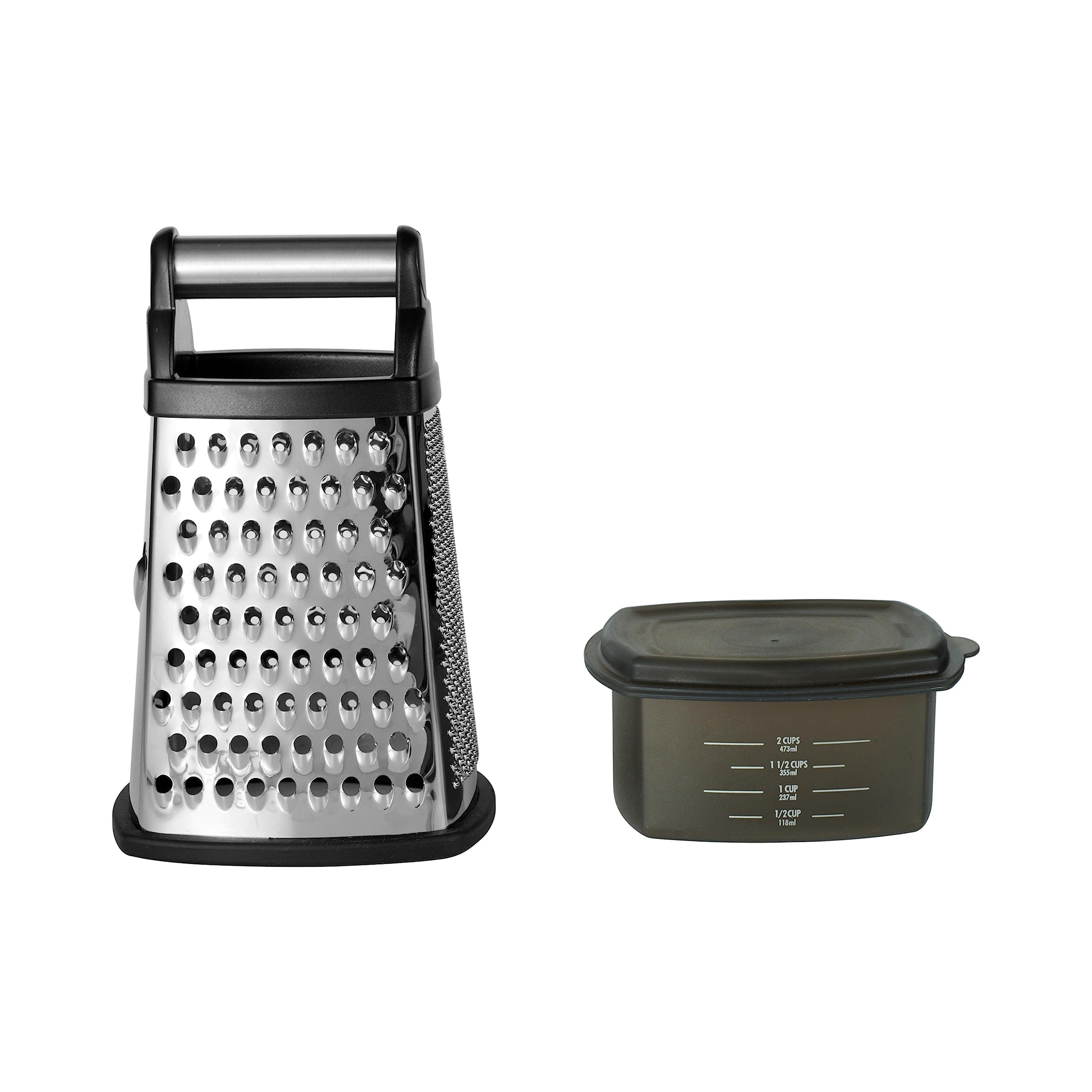 Gourmet 4-Sided Stainless Steel Box Grater with Detachable Storage Container, 10 inches tall, Black