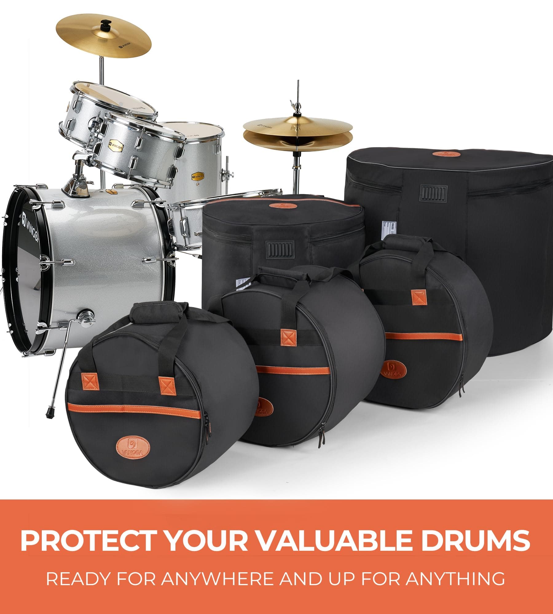 Vangoa 5-Piece Drum Bag Set for Standard Kits, More Thick Padding for Drumset Protection, Travel Drum Cases for 12" Tom, 10" Tom, 14" Snare, 16" Floor Tom, 22" Bass Drum,