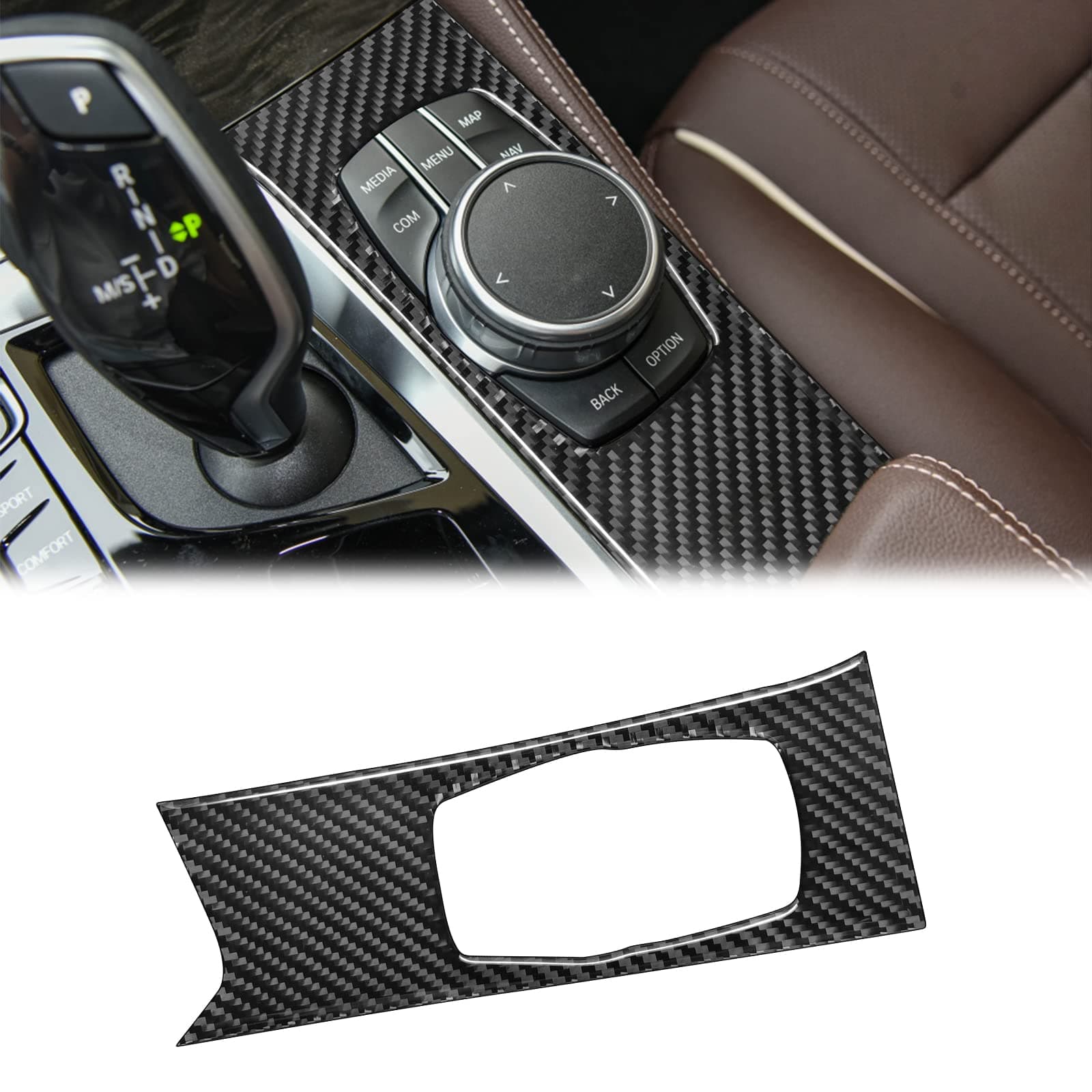 SUNJIKA Compatible with Carbon Fiber Multimedia Knob Button Panel Cover Trim Sticker Interior Accessories for BMW 5 Series G30 G38 525i 530i 540i 2018 2019 2020 2021 2022 2023 Black 1PCS