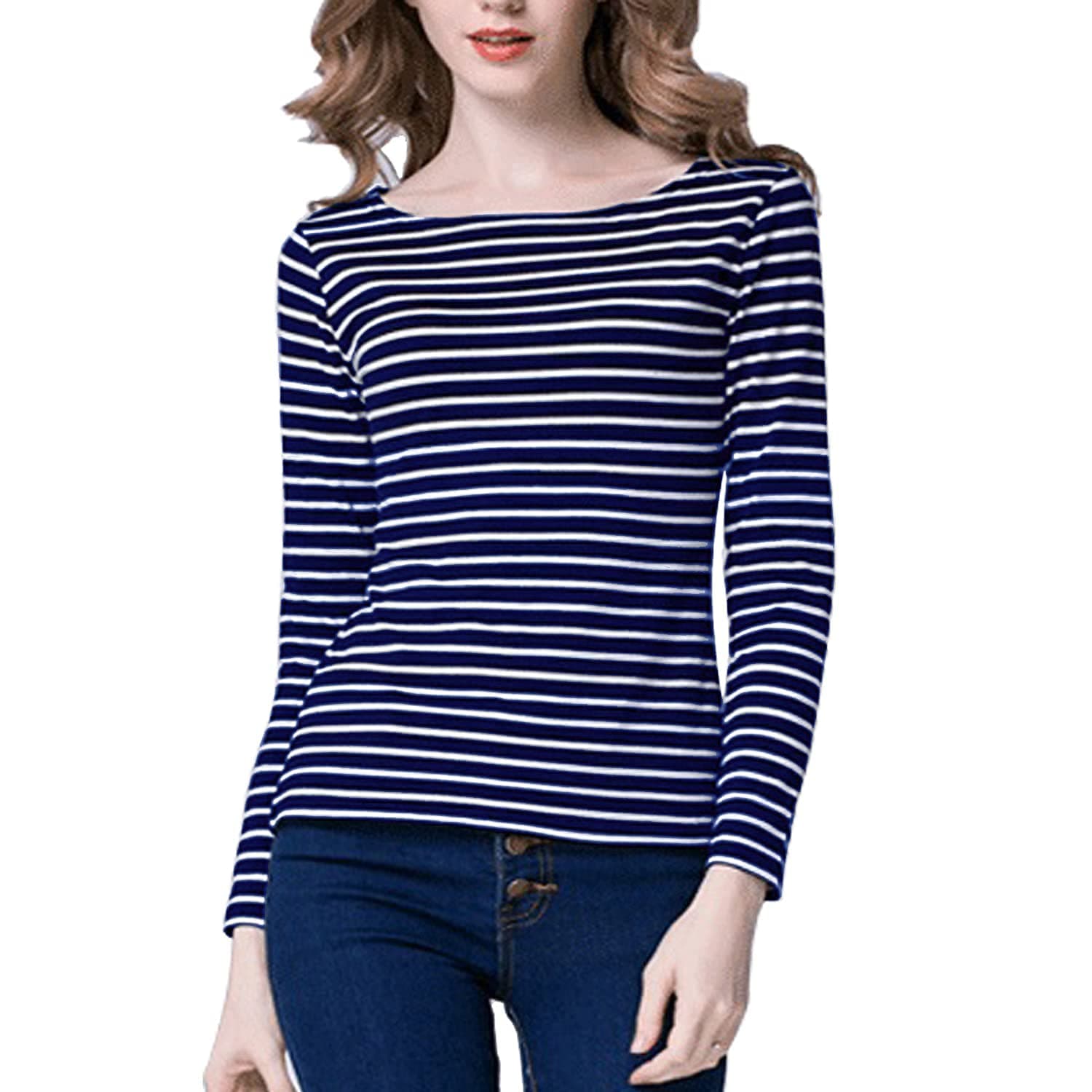 Tulucky Women's Casual Long Sleeve Shirts Stripe Tees Round Neck Tank Tops