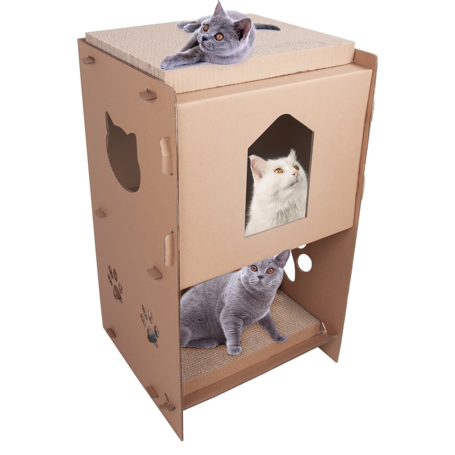 Elevens Cat Scratcher House - Three Story Cat House Scratcher Bed Cave Nest Lounge with 2 Removable Scratching Boards