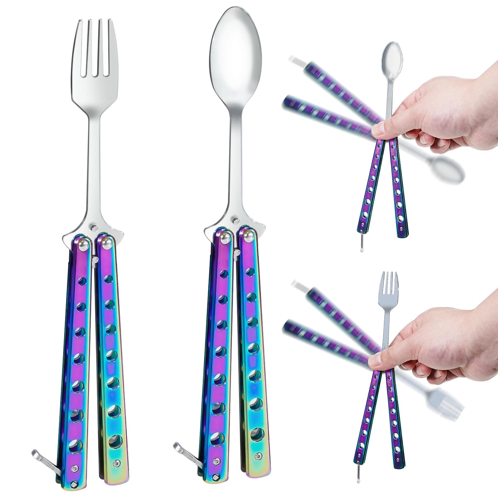 Butterfly Fork and Spoon Stainless Steel Set 2 Pcs, Reusable Spork for Travel Camping Hunting Outdoor Kitchen(Purple)