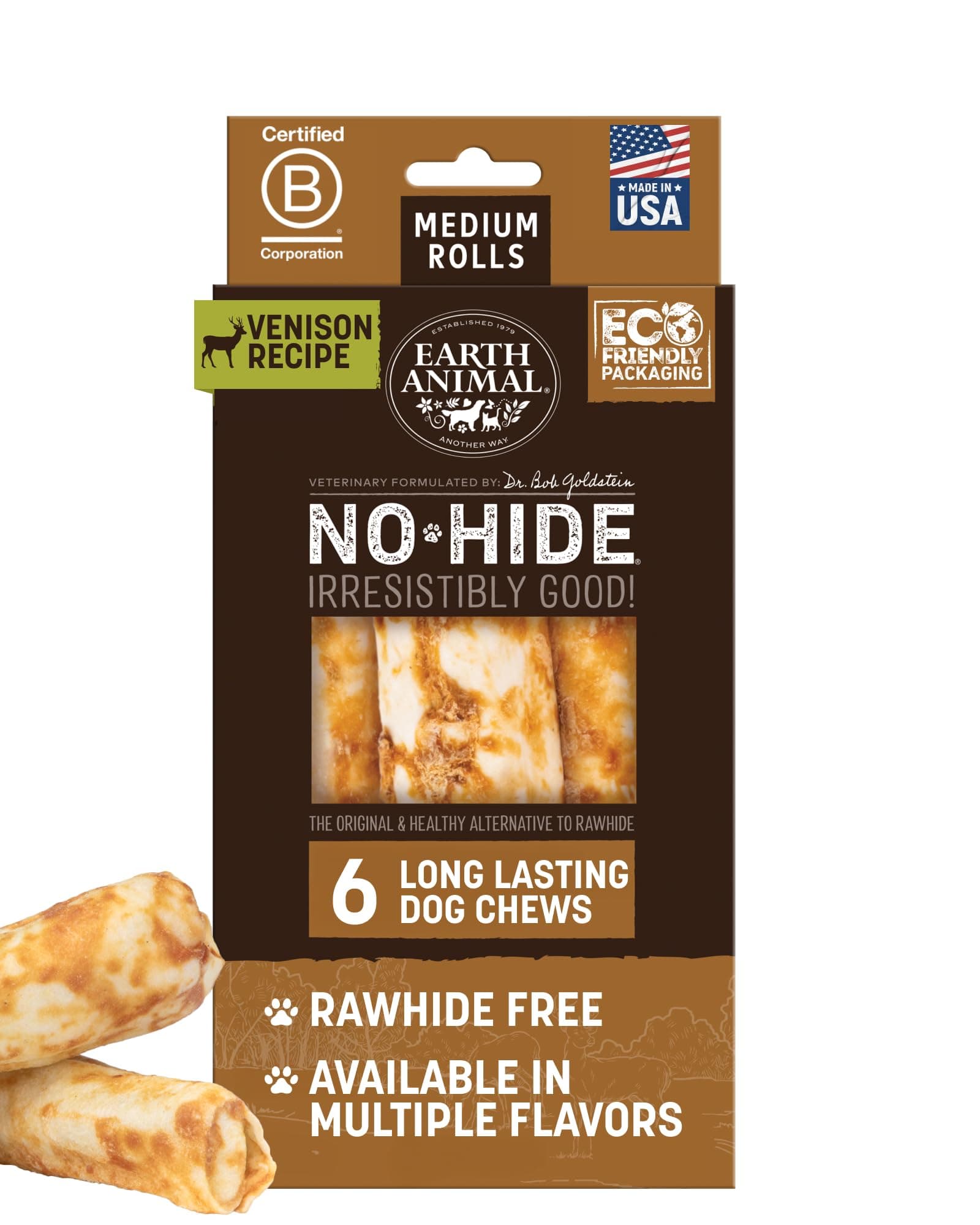 Earth Animal No Hide Chews - Long Lasting Rawhide Free Medium Dog Chews Rolls, Venison - 6 Count