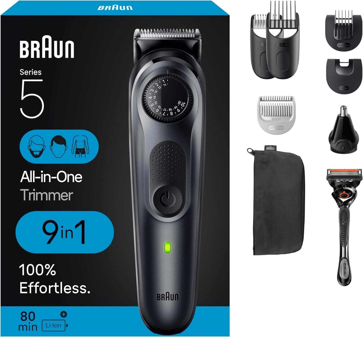 All-in-One Style Kit Series 5 5470, 9-in-1 Trimmer for Men w/Beard Trimmer, Body Trimmer for Manscaping, Gillette Fusion5 ProGlide Razor, 40 Length Settings, Rechargeable Battery, Cordless