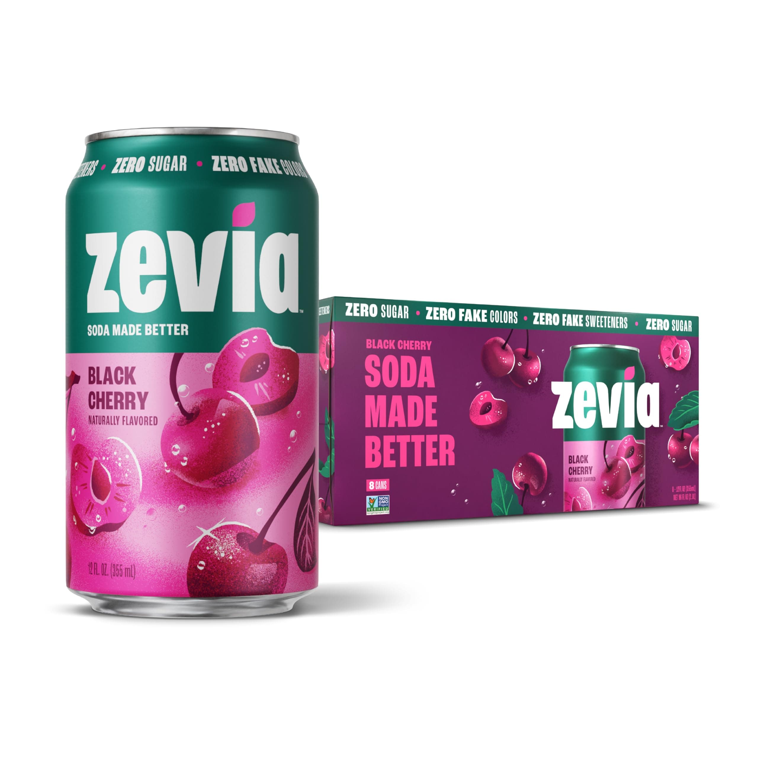 Zevia Zero Sugar Soda, Black Cherry, 12 oz Cans (8-Pack) – Naturally Sweetened, Non-GMO Project Verified, Gluten-Free, Vegan