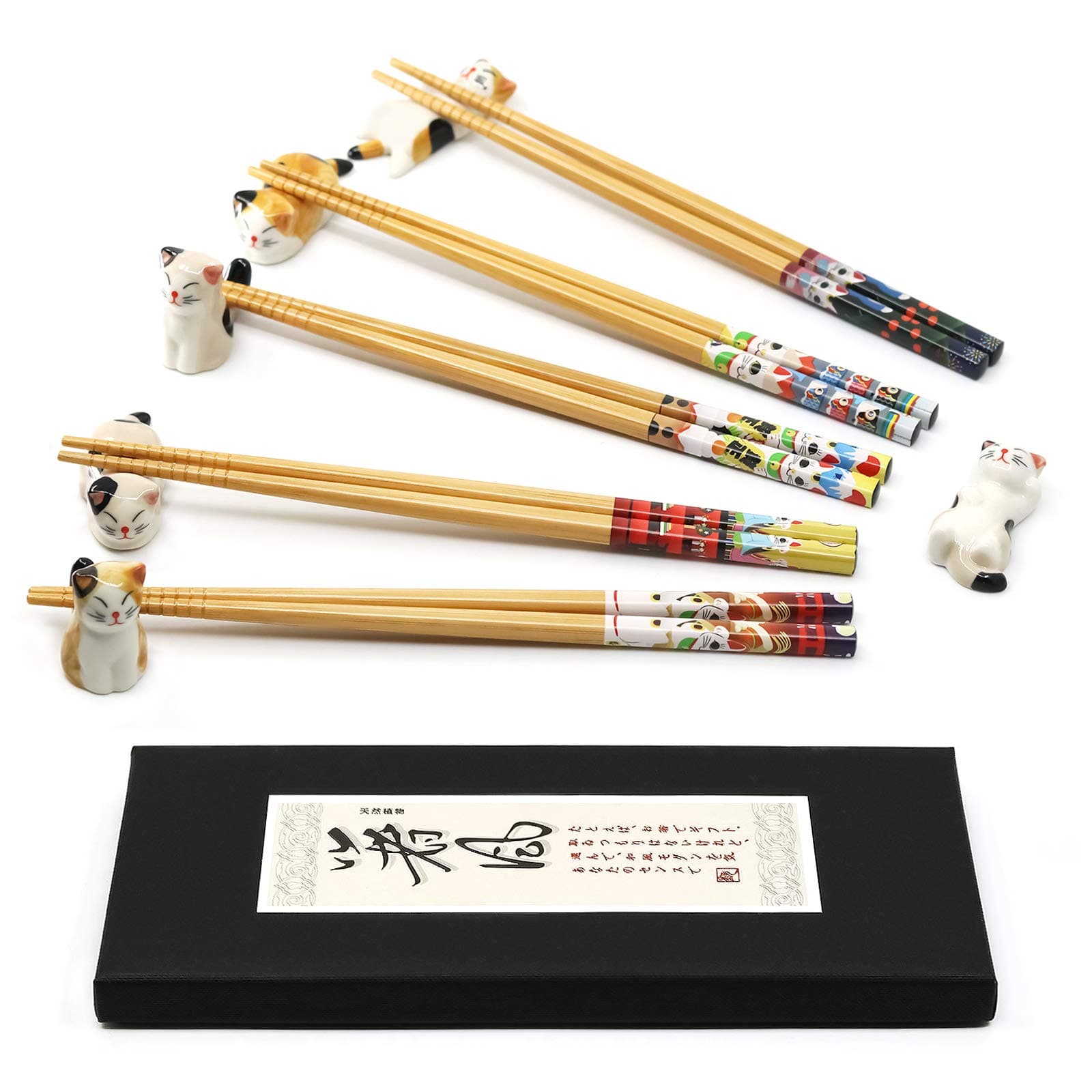 5 Pairs Natural Brown Bamboo Chopsticks, 6 Cute Lucky Cat Porcelain Chopstick Holders, Dishwasher Safe, Kawaii Japan Style, Cats Chopstick Rest, Non-Slip, Kids Gift Set