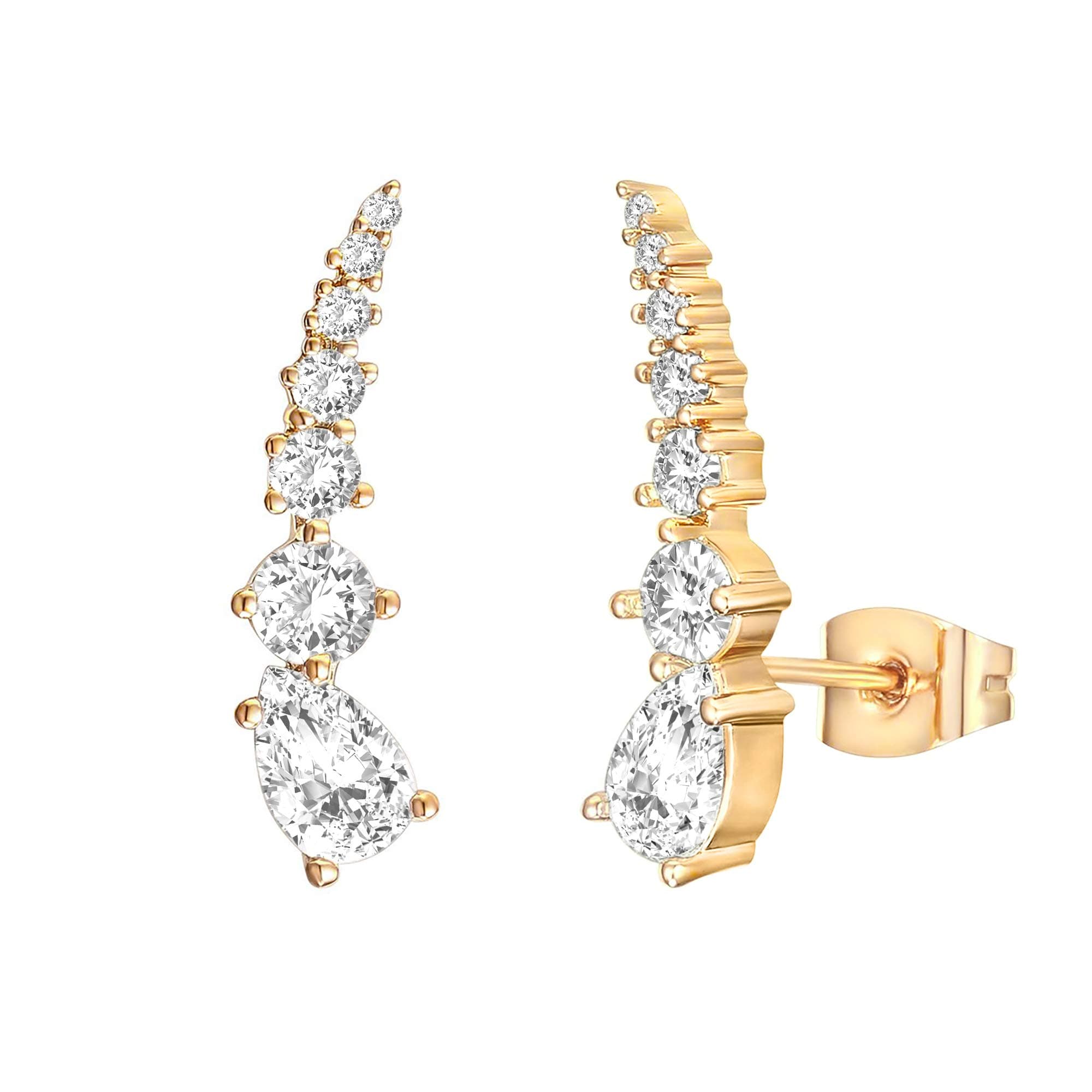 14K Gold Plated Sterling Silver Post Cubic Zirconia Ear Crawler Earrings - Faux Diamond Arrow Ear Climber Fashion Earrings in Rose Gold, White Gold and Yellow Gold