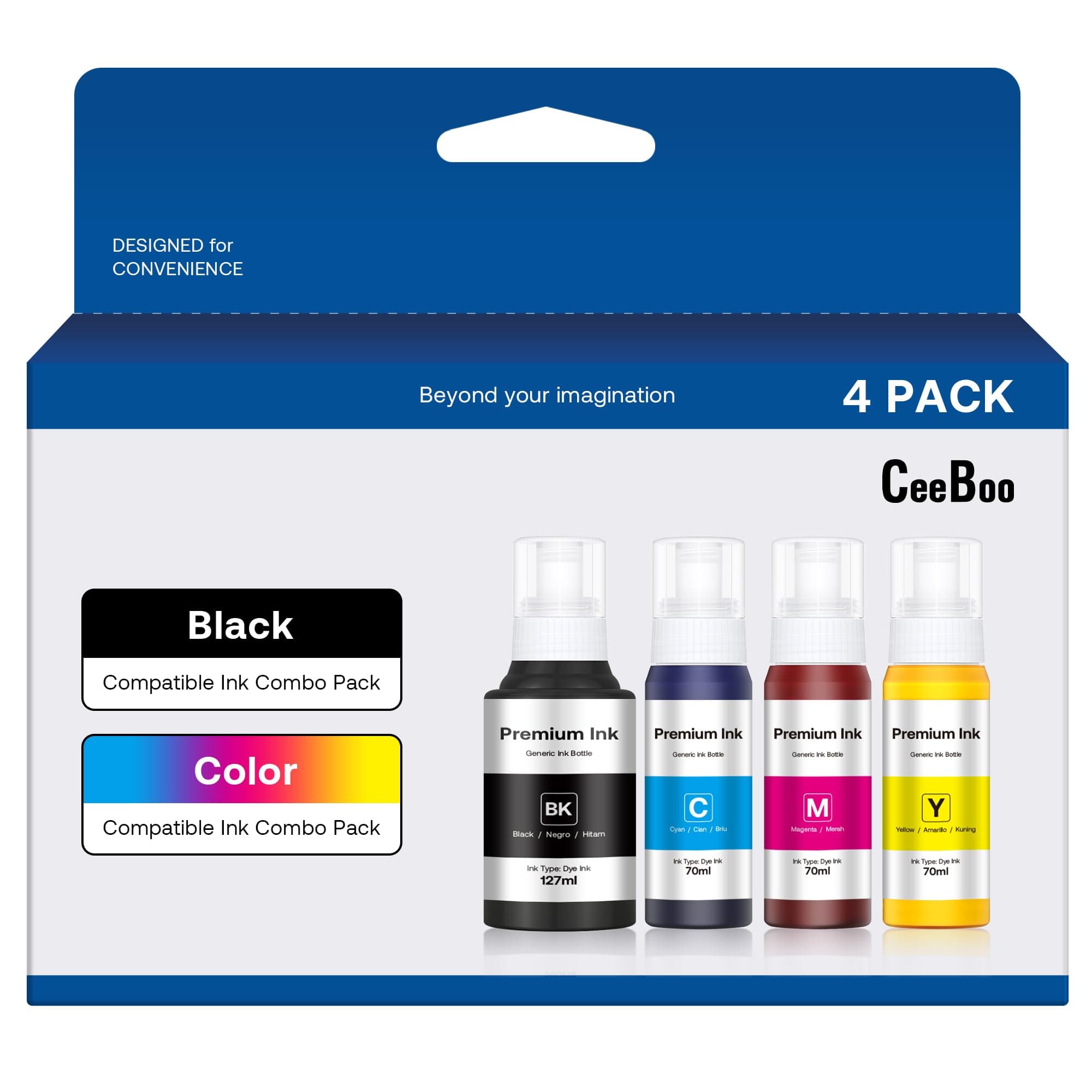 CEEBOO Compatible Ink Bottle Replacement for Epson 502 (Not Sublimation Ink) , Use for ET-2850 ET-3830 ET-3850 ET-2760 ET-3760 ET-15000 printer, Black, Cyan, Magenta, Yellow,(4 Bottles)