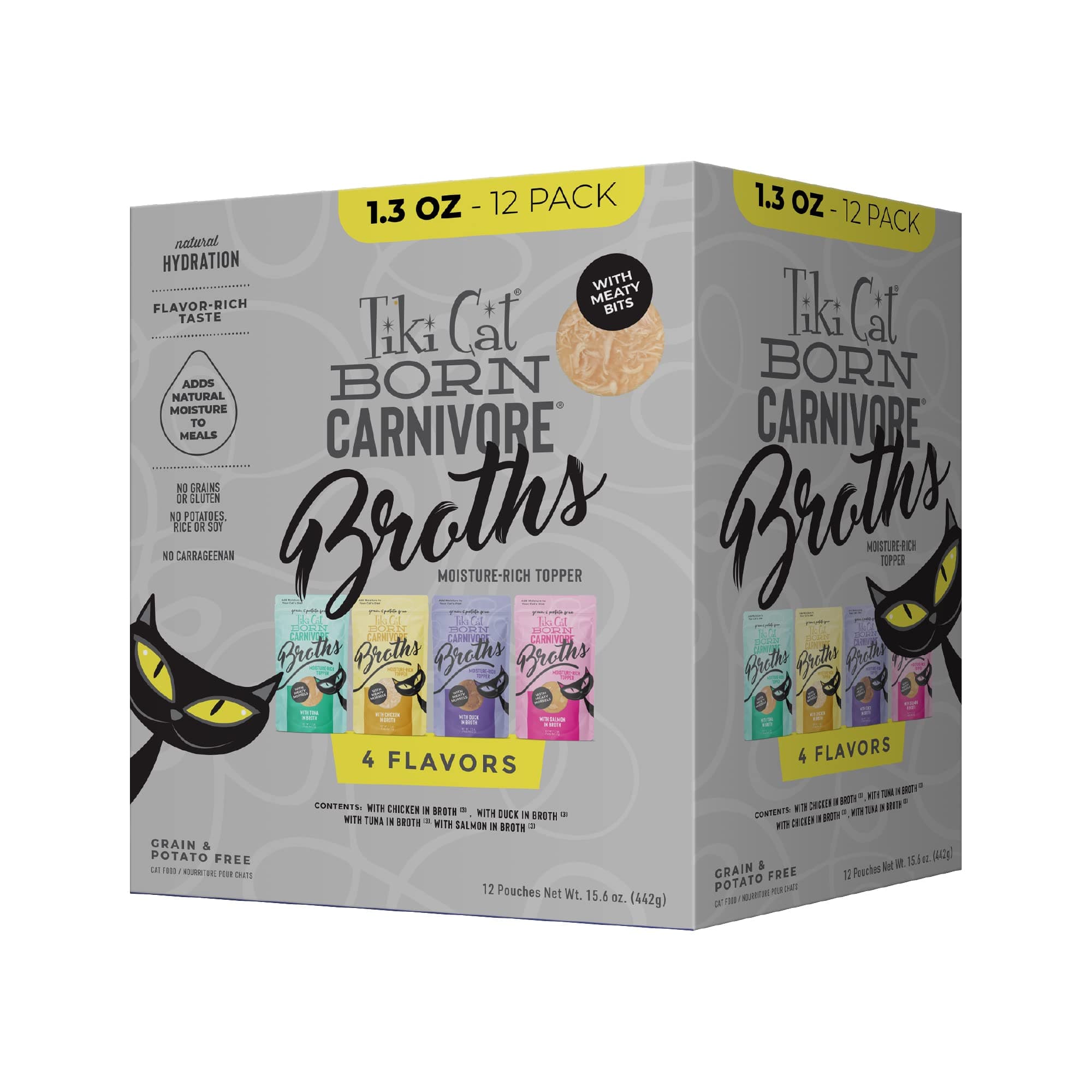 Tiki Cat Born Carnivore Broths Variety Pack, Meaty Bites, Hydration and Flavor Supplement Wet Cat Food Topper, 1.3 oz. Pouch (Pack of 12)