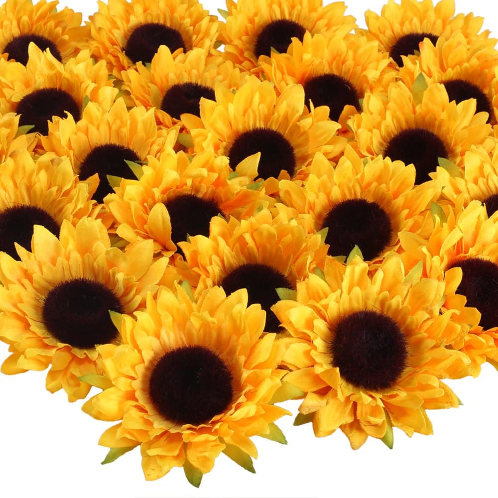HUAESIN Sunflower Head 24 Pcs Artificial Sunflower Heads Fake Silk Sunflower Heads Faux Gerber Daisy Flowers Heads for DIY Crafts Wedding Home Kitchen Autumn Party Grave Decorations Yellow 9cm Wide