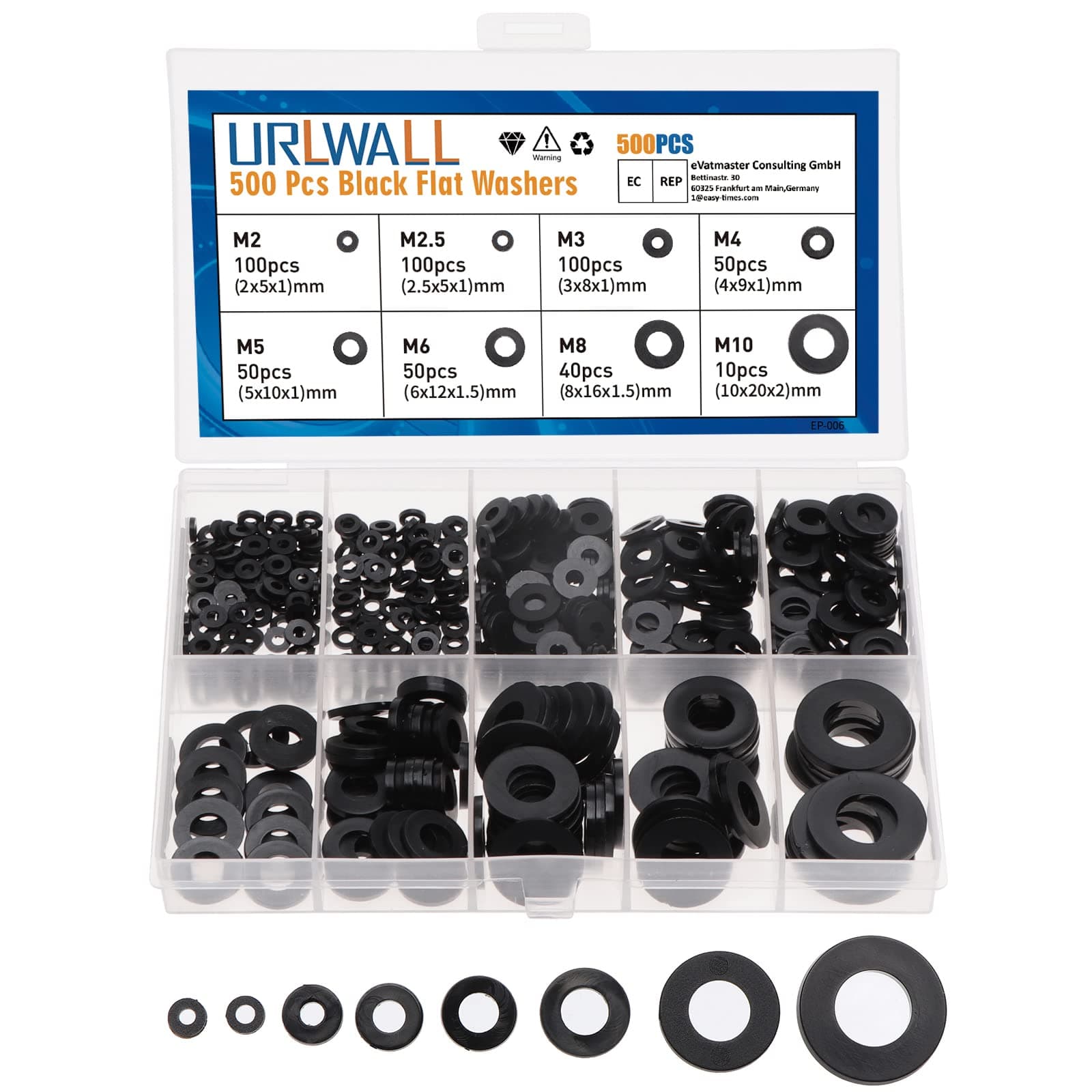 500Pcs Nylon Flat Washer Assortment Set, Washers Metric Sealing Spacer Gasket Ring Washers Set, 8 Sizes - M2, M2.5, M3, M4, M5, M6, M8, M10 (Black)